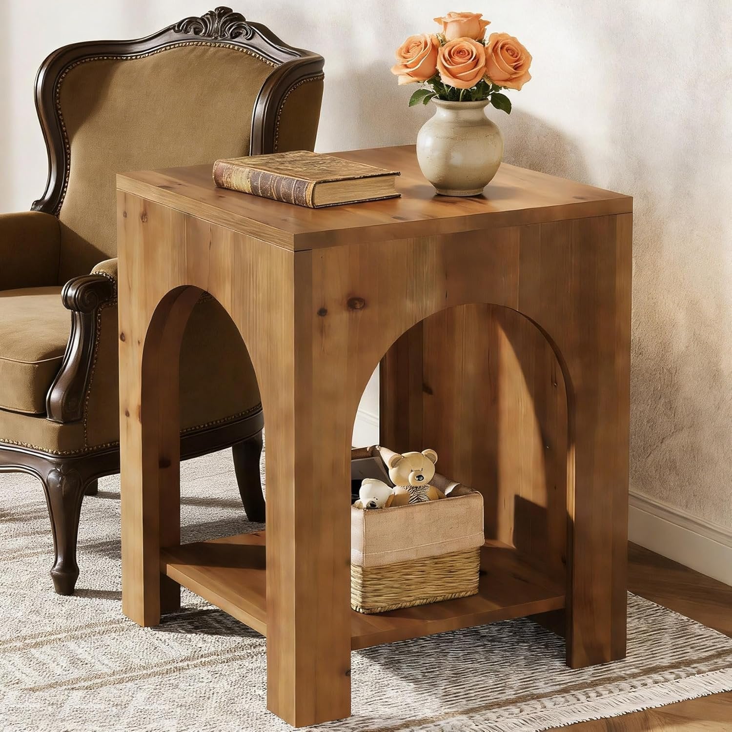 2-Tier End Table, Farmhouse Square Side Table with Arch Design