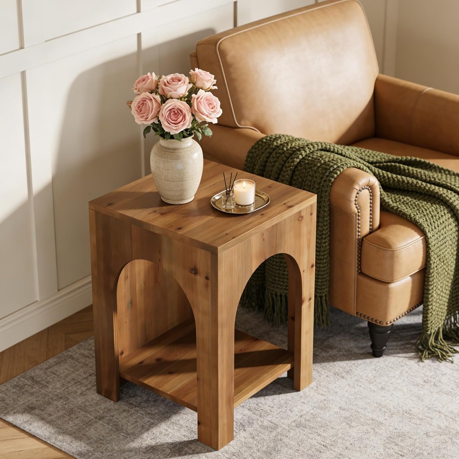 2-Tier End Table, Farmhouse Square Side Table with Arch Design