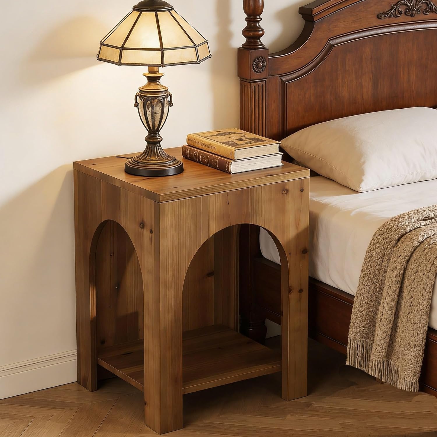 2-Tier End Table, Farmhouse Square Side Table with Arch Design