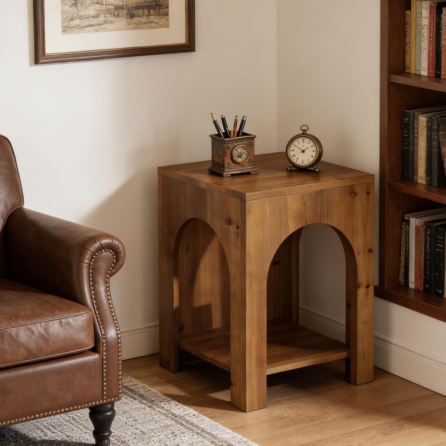 2-Tier End Table, Farmhouse Square Side Table with Arch Design