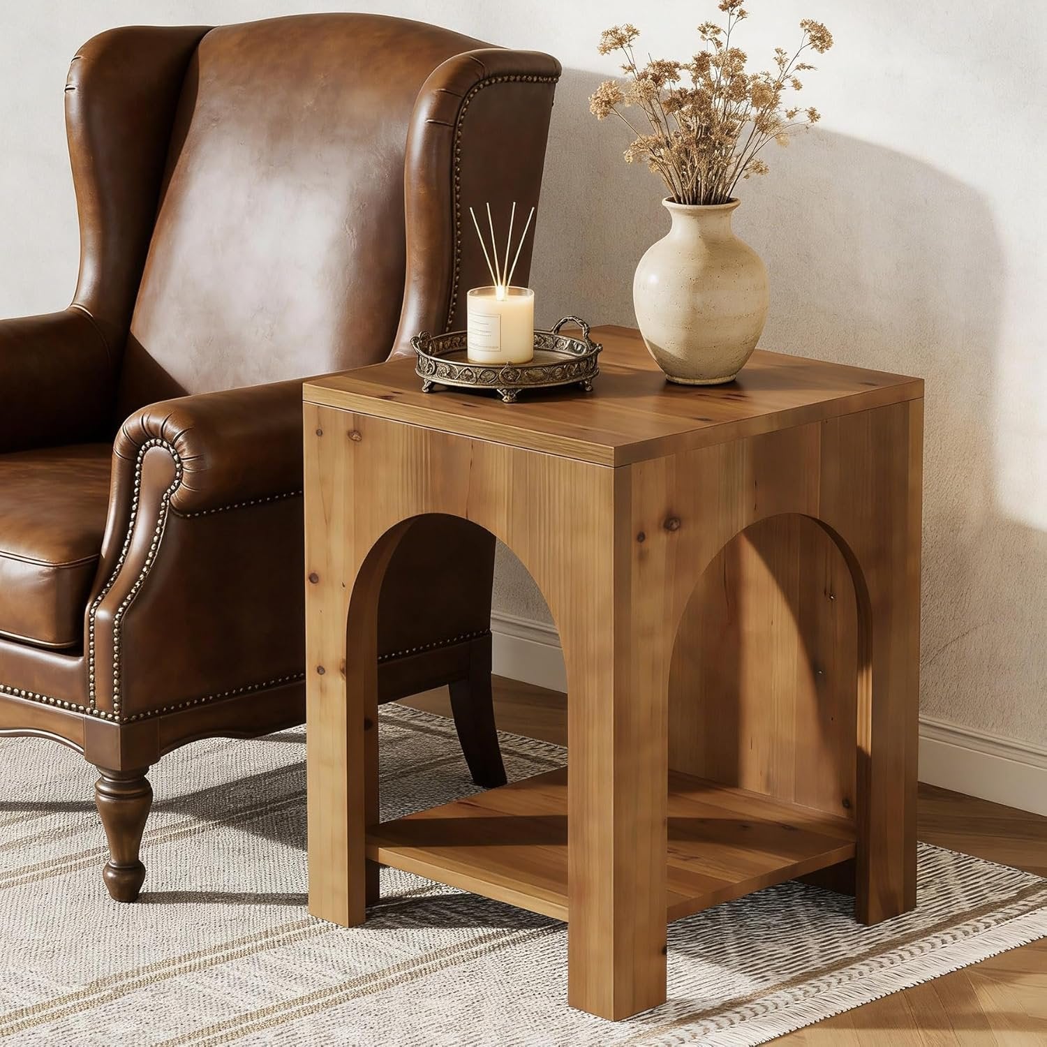 2-Tier End Table, Farmhouse Square Side Table with Arch Design