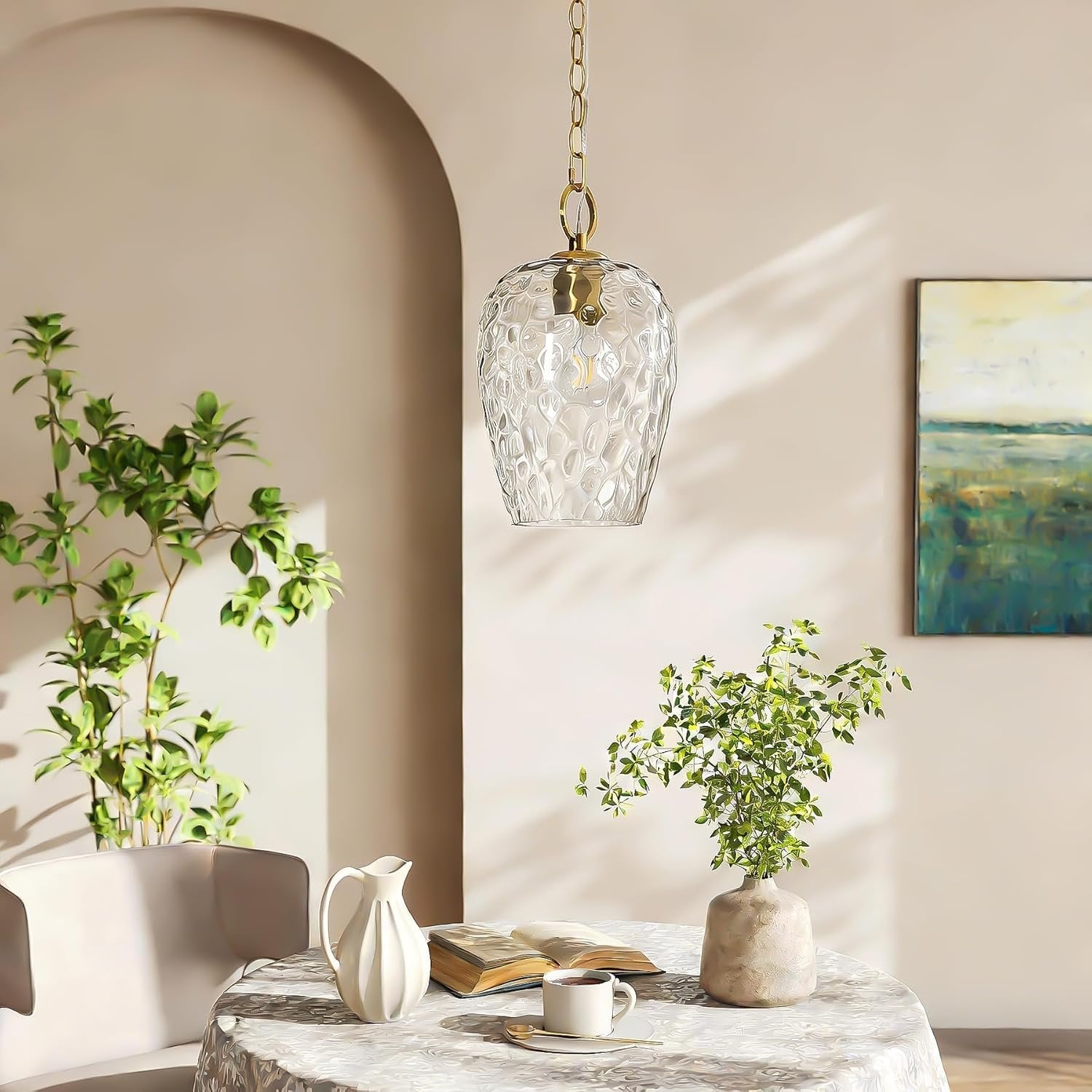 Hammered Glass Pendant Light,  Rippled Hanging Light with Adjustable 60-Inch Chain