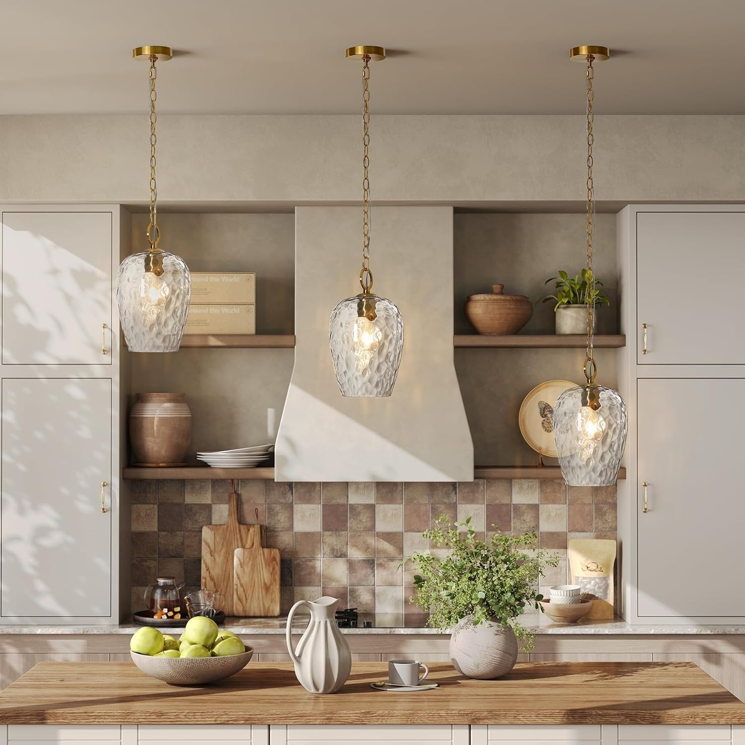 Hammered Glass Pendant Light,  Rippled Hanging Light with Adjustable 60-Inch Chain