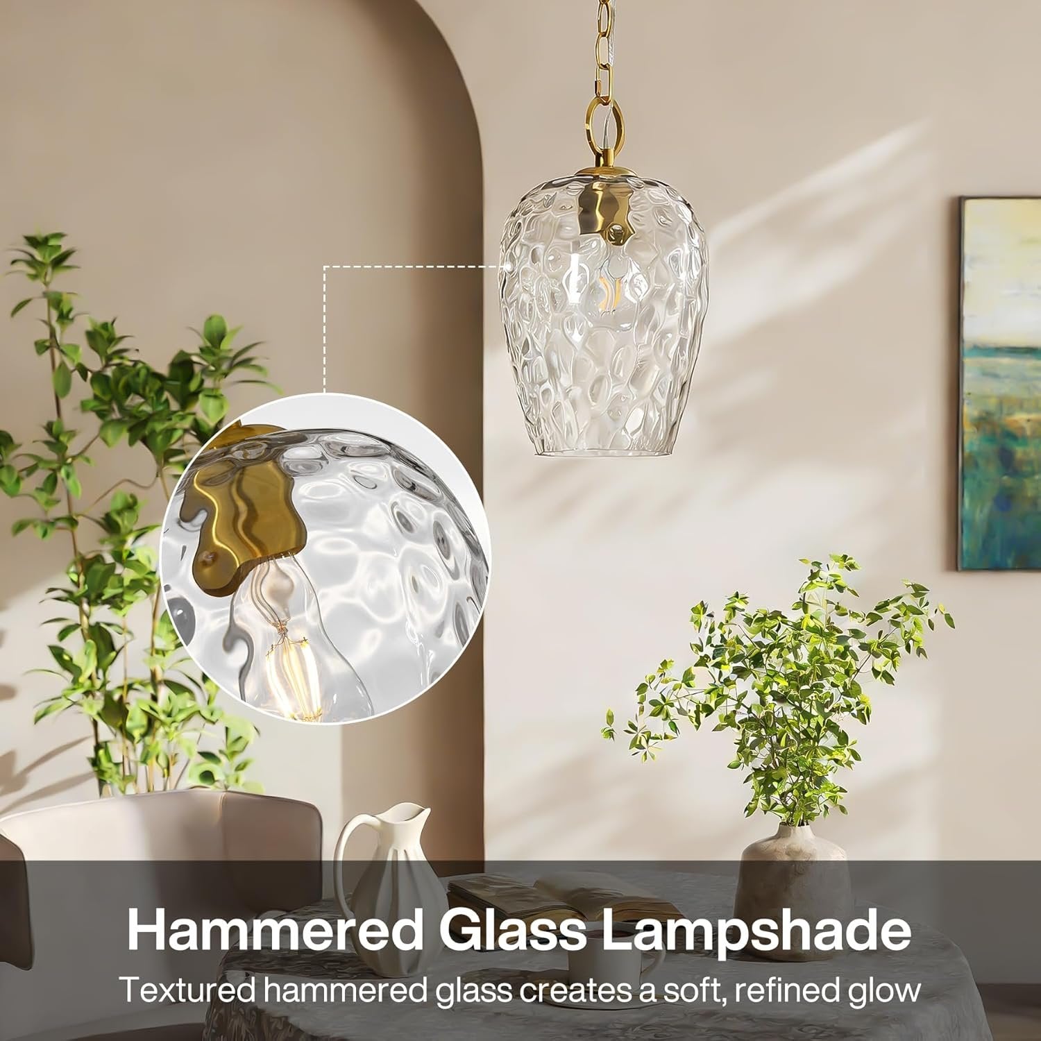 Hammered Glass Pendant Light,  Rippled Hanging Light with Adjustable 60-Inch Chain