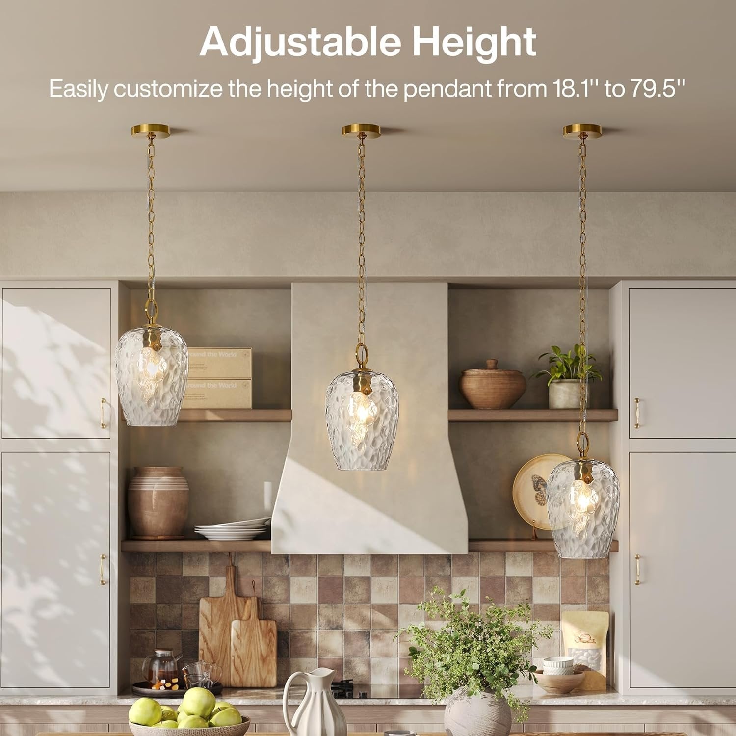 Hammered Glass Pendant Light,  Rippled Hanging Light with Adjustable 60-Inch Chain