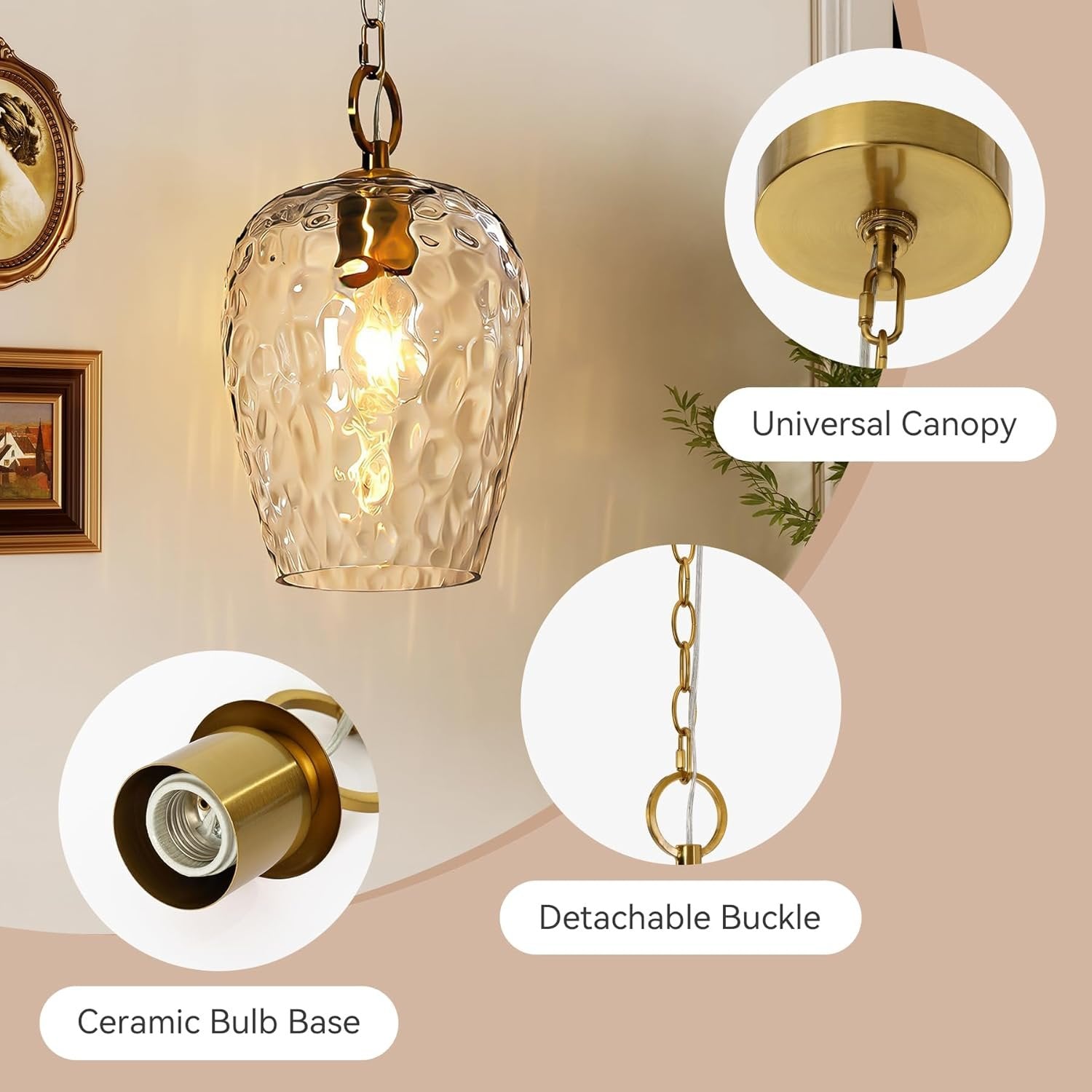 Hammered Glass Pendant Light,  Rippled Hanging Light with Adjustable 60-Inch Chain