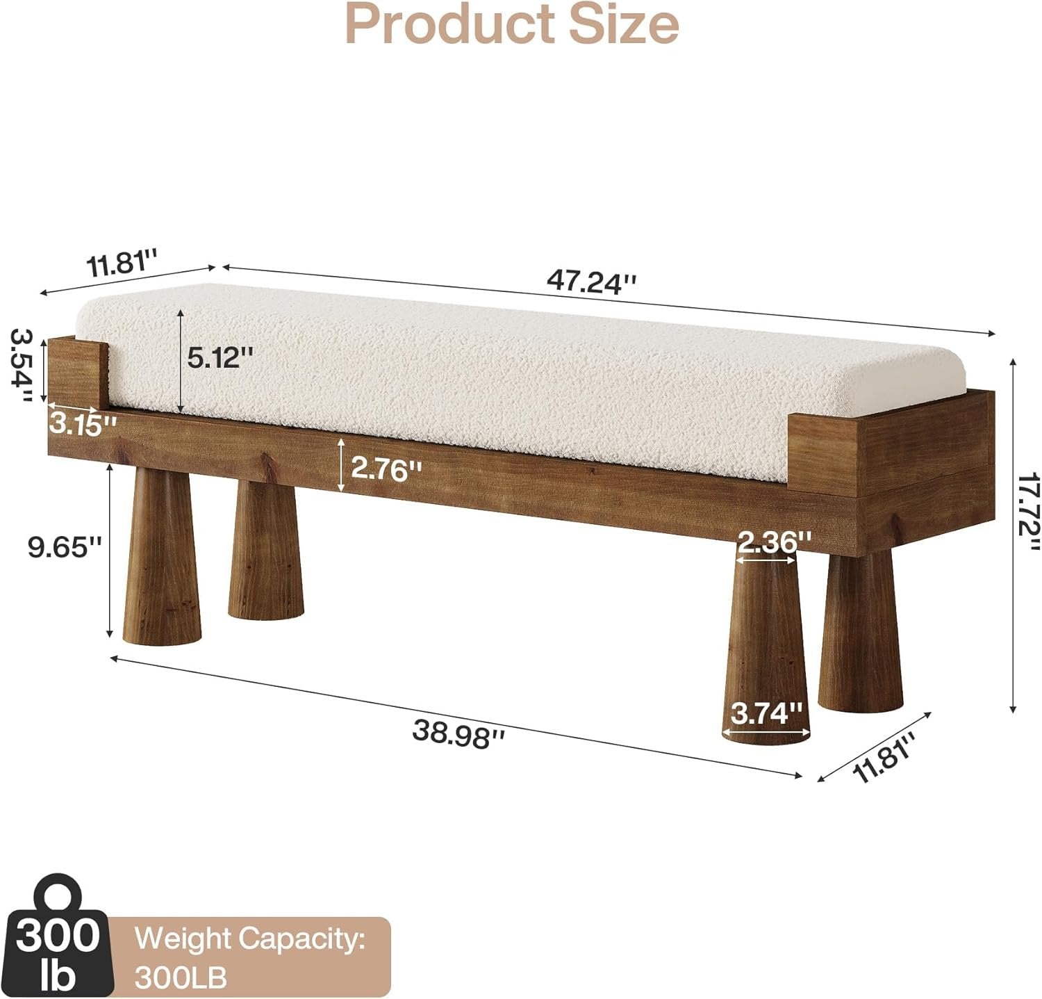 Upholstered Entryway Bench, Shoe Bench End of Bed Footstool with Solid Wood Legs