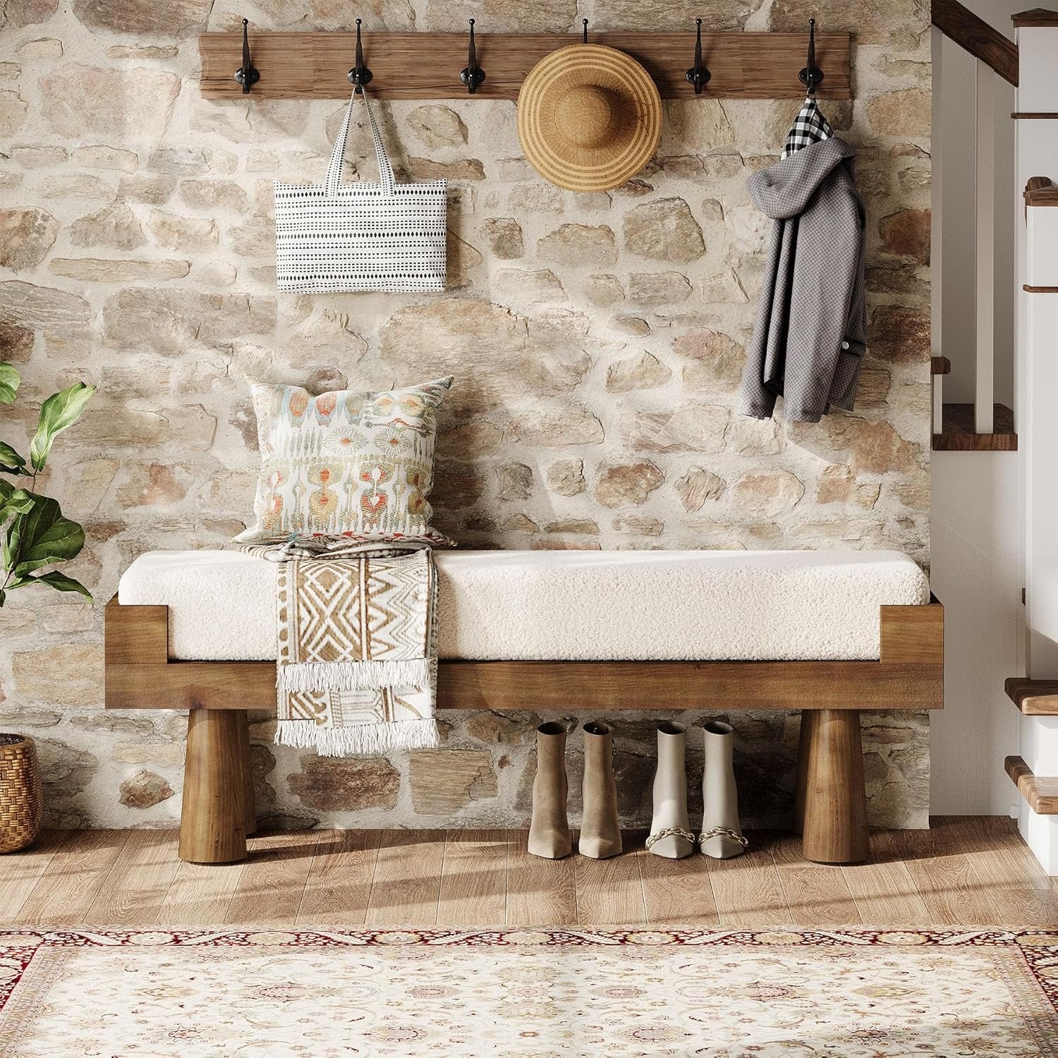 Upholstered Entryway Bench, Shoe Bench End of Bed Footstool with Solid Wood Legs