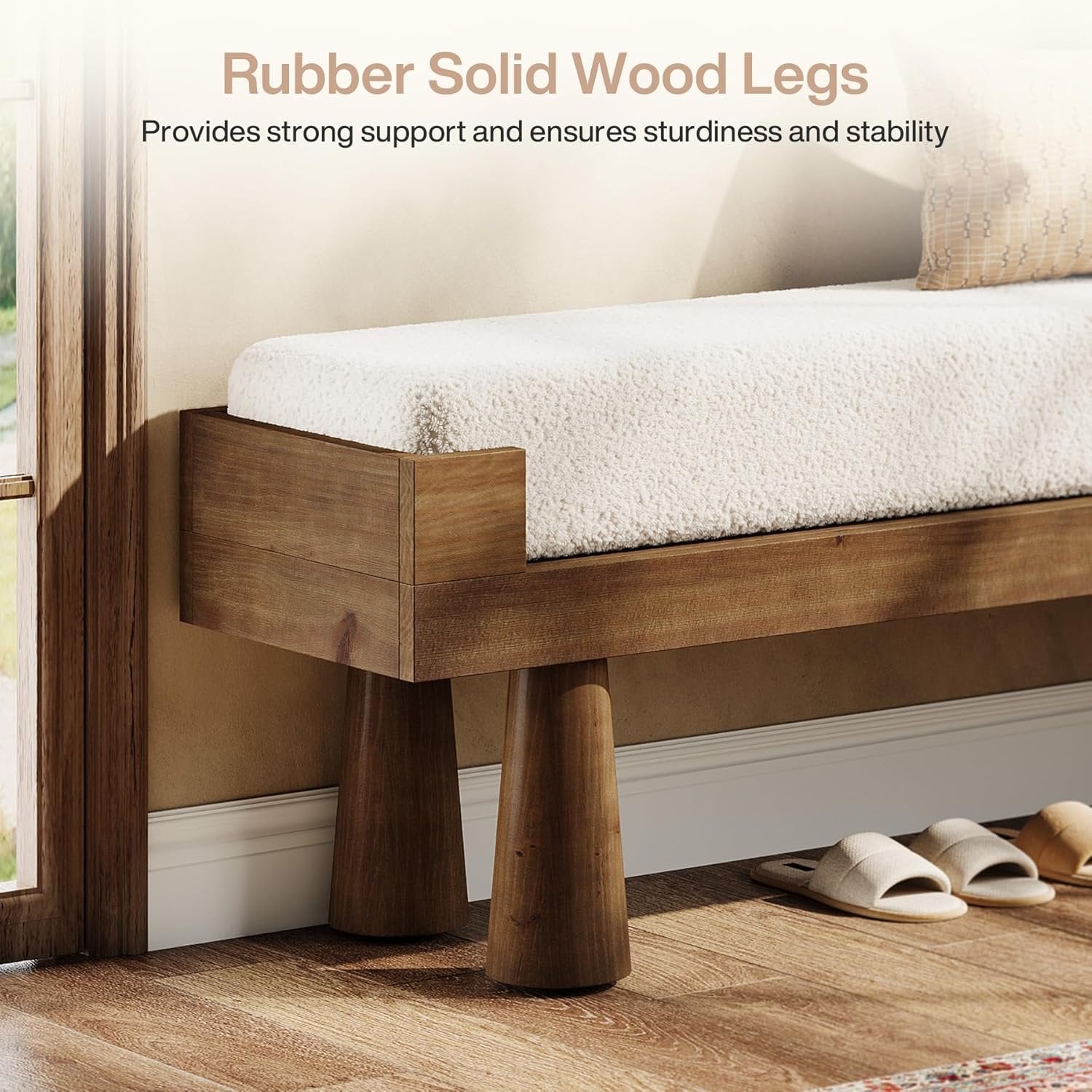 Upholstered Entryway Bench, Shoe Bench End of Bed Footstool with Solid Wood Legs