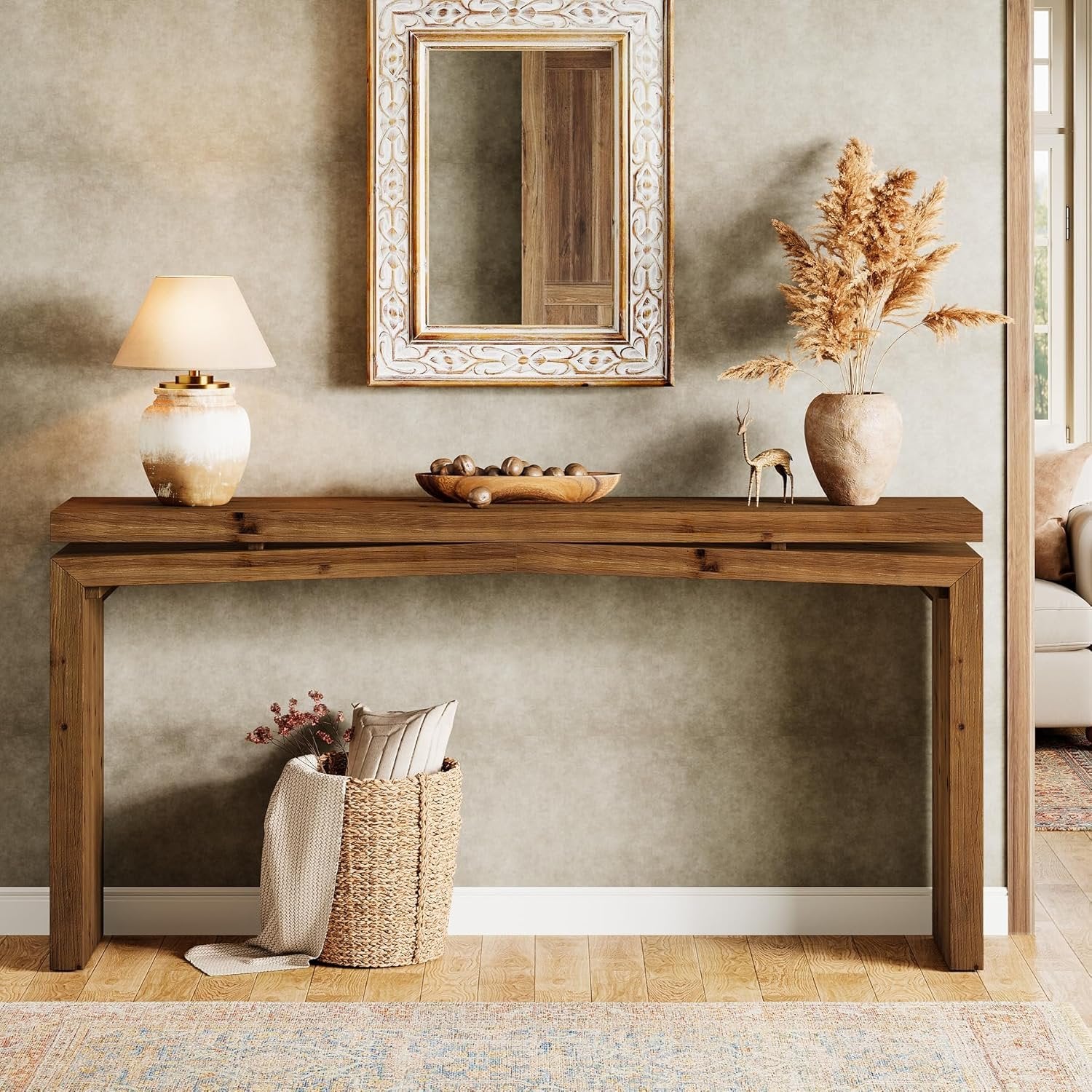 63" Solid Wood Farmhouse Console Table with 2-Tier Shelf, Long Sofa Table for Entryway, Living Room, or Behind Couch