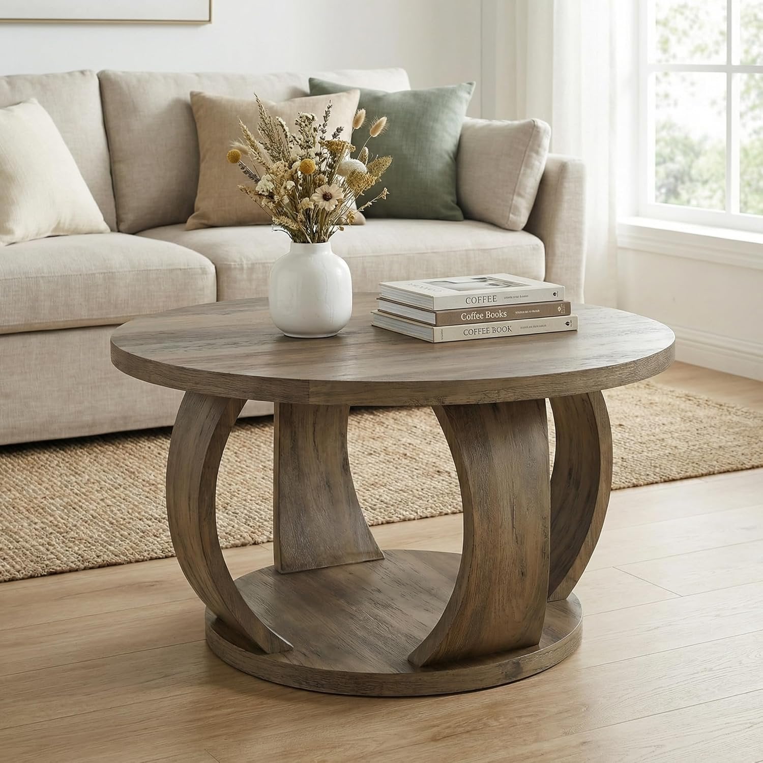31.5" Round Coffee Table, 2-Tier Wooden Center Table with Storage