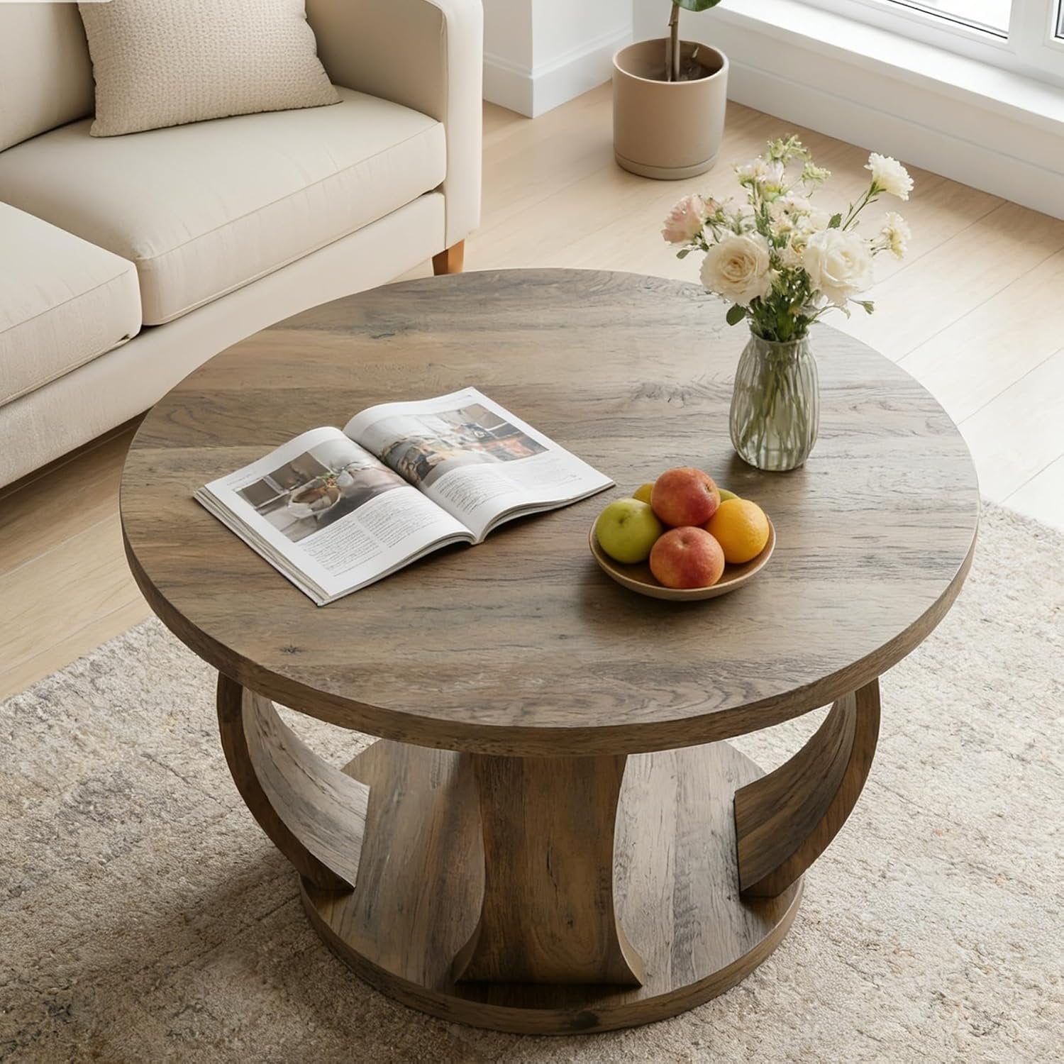 31.5" Round Coffee Table, 2-Tier Wooden Center Table with Storage
