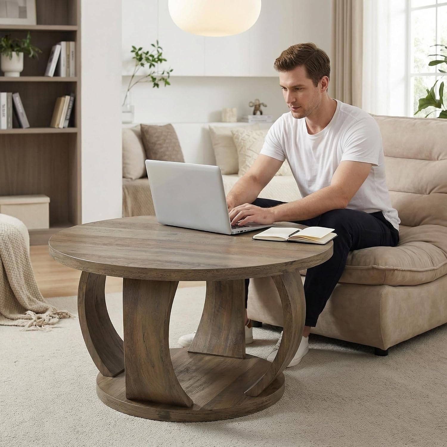 31.5" Round Coffee Table, 2-Tier Wooden Center Table with Storage