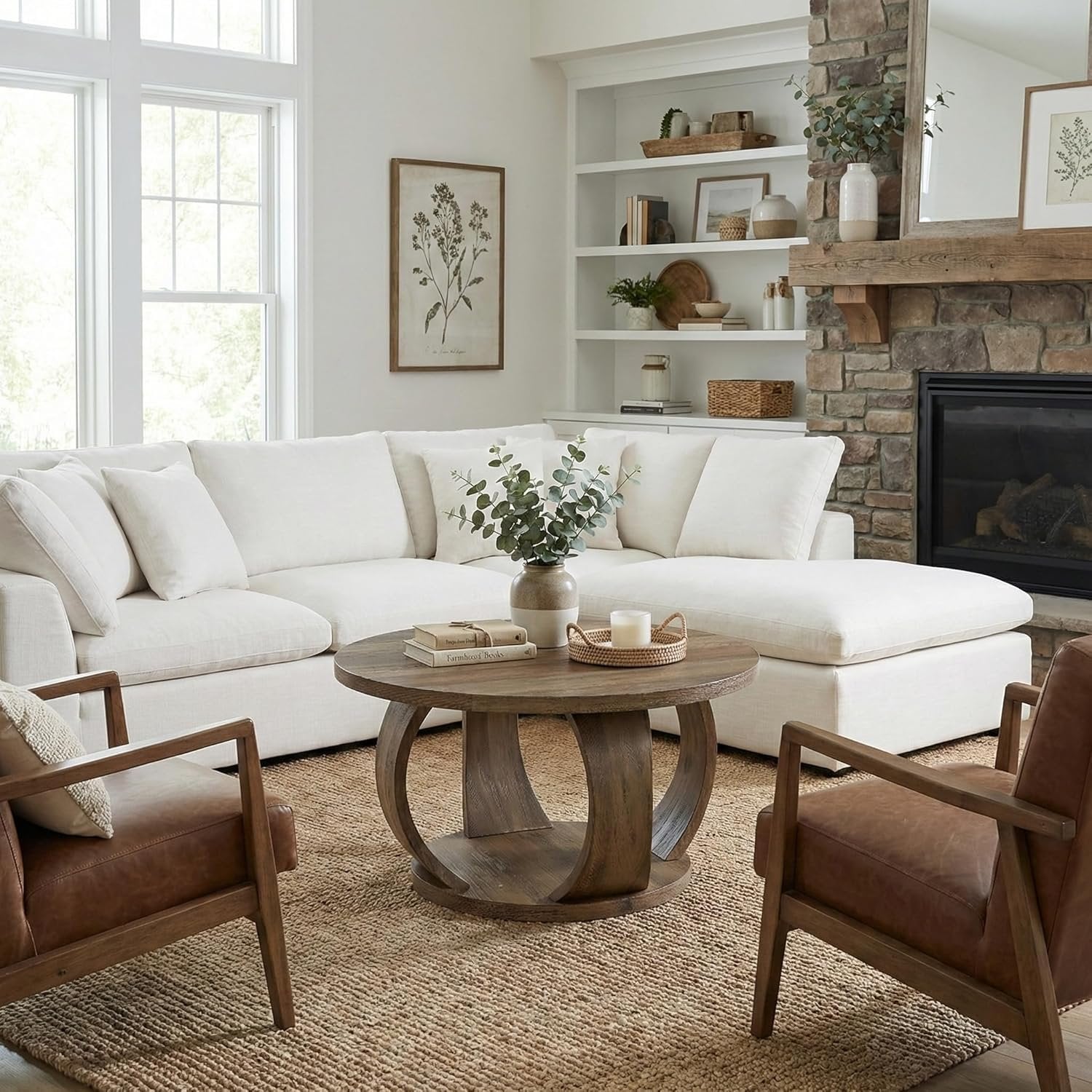 31.5" Round Coffee Table, 2-Tier Wooden Center Table with Storage