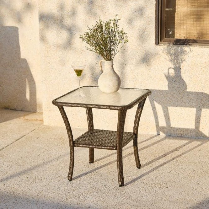 Patio Side Table, Outdoor 2-Tier Rattan End Table for Porch