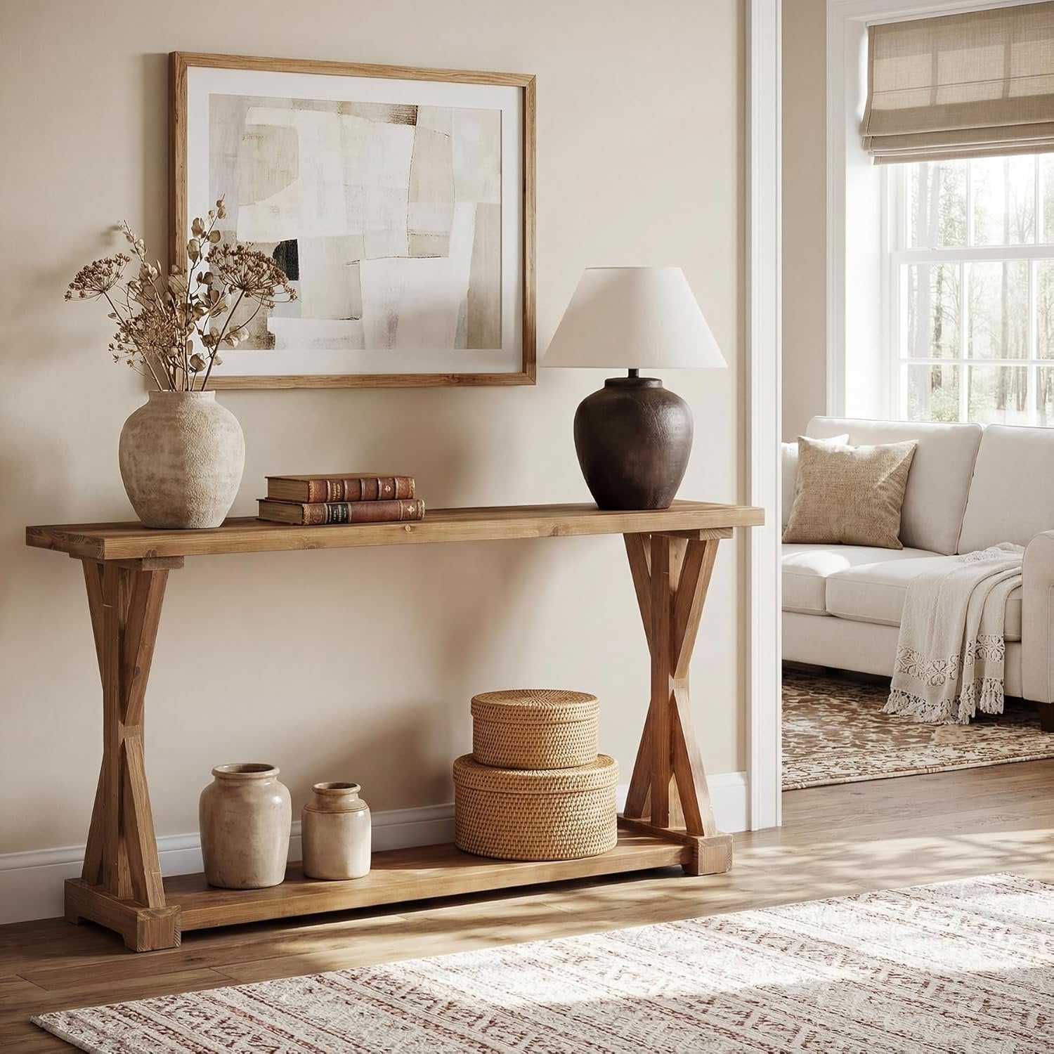 63" Narrow Console Table, Farmhouse Solid Wood Entryway Table with 2-Tier Storage