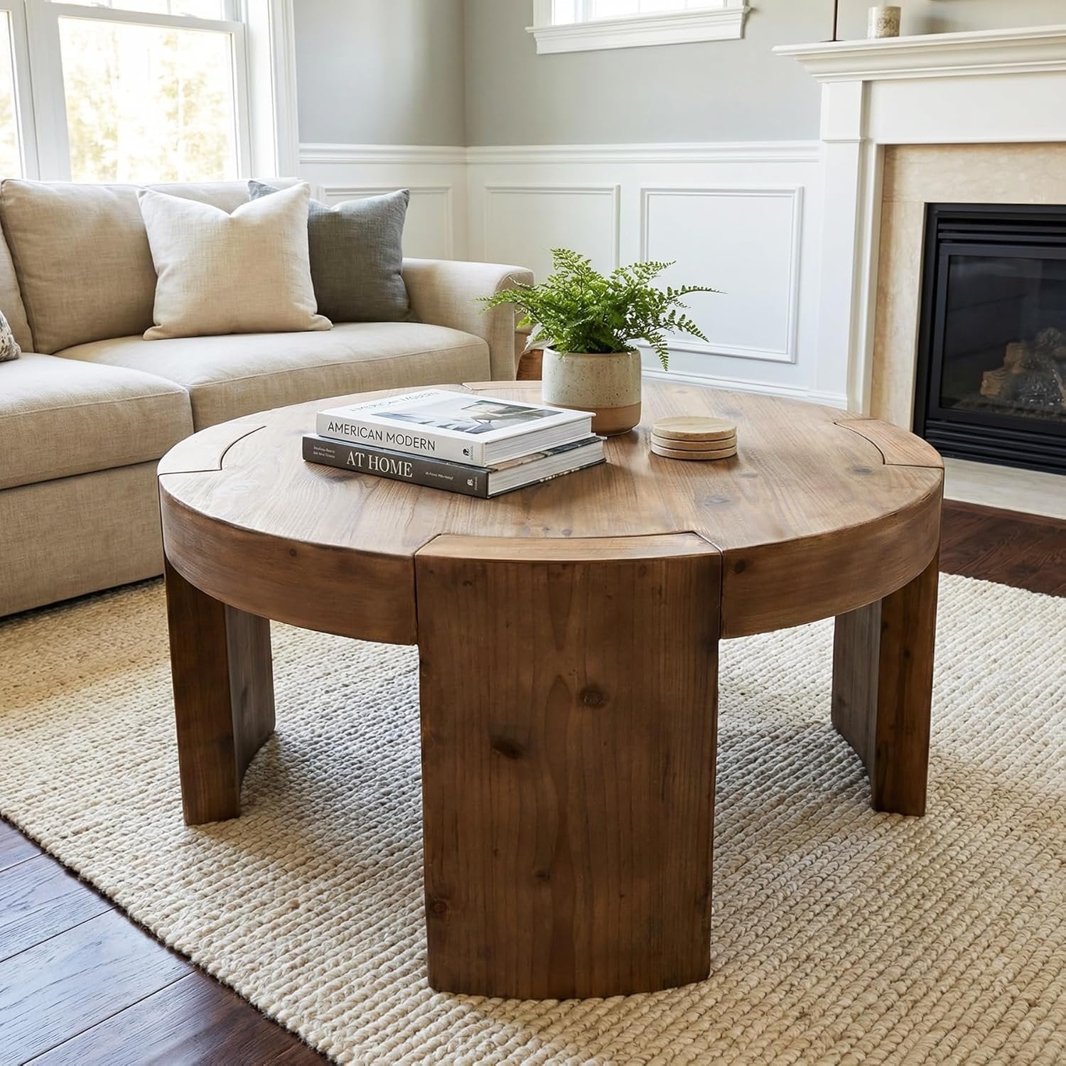 31.5" Round Coffee Table, Solid Wood Farmhouse Center Cocktail Tea Table for Living Room