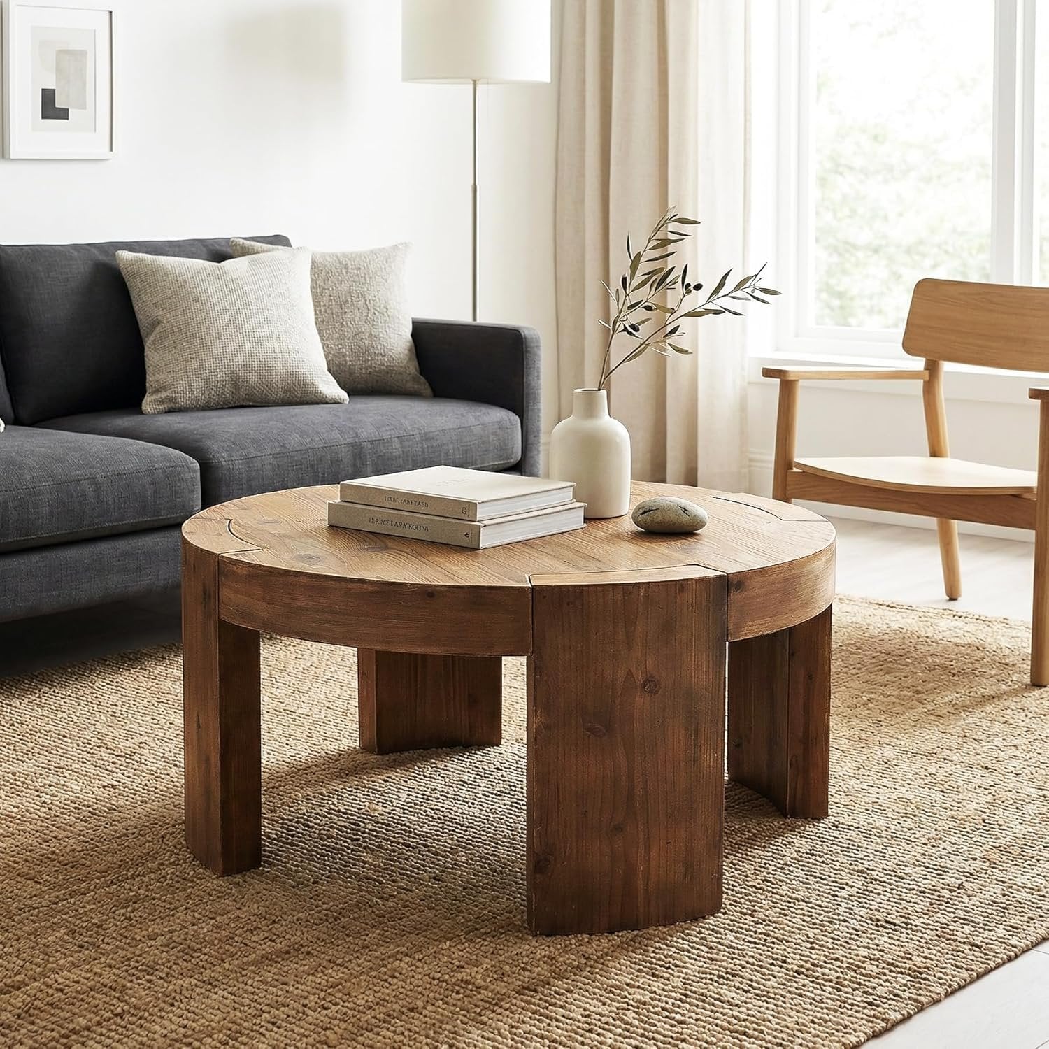 31.5" Round Coffee Table, Solid Wood Farmhouse Center Cocktail Tea Table for Living Room