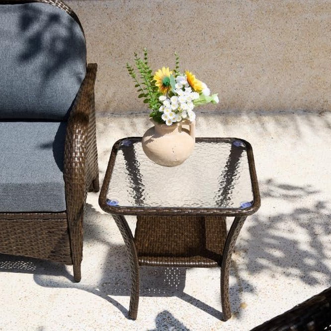Outdoor Side Table, Rattan Wicker Table with Tempered Glass Top