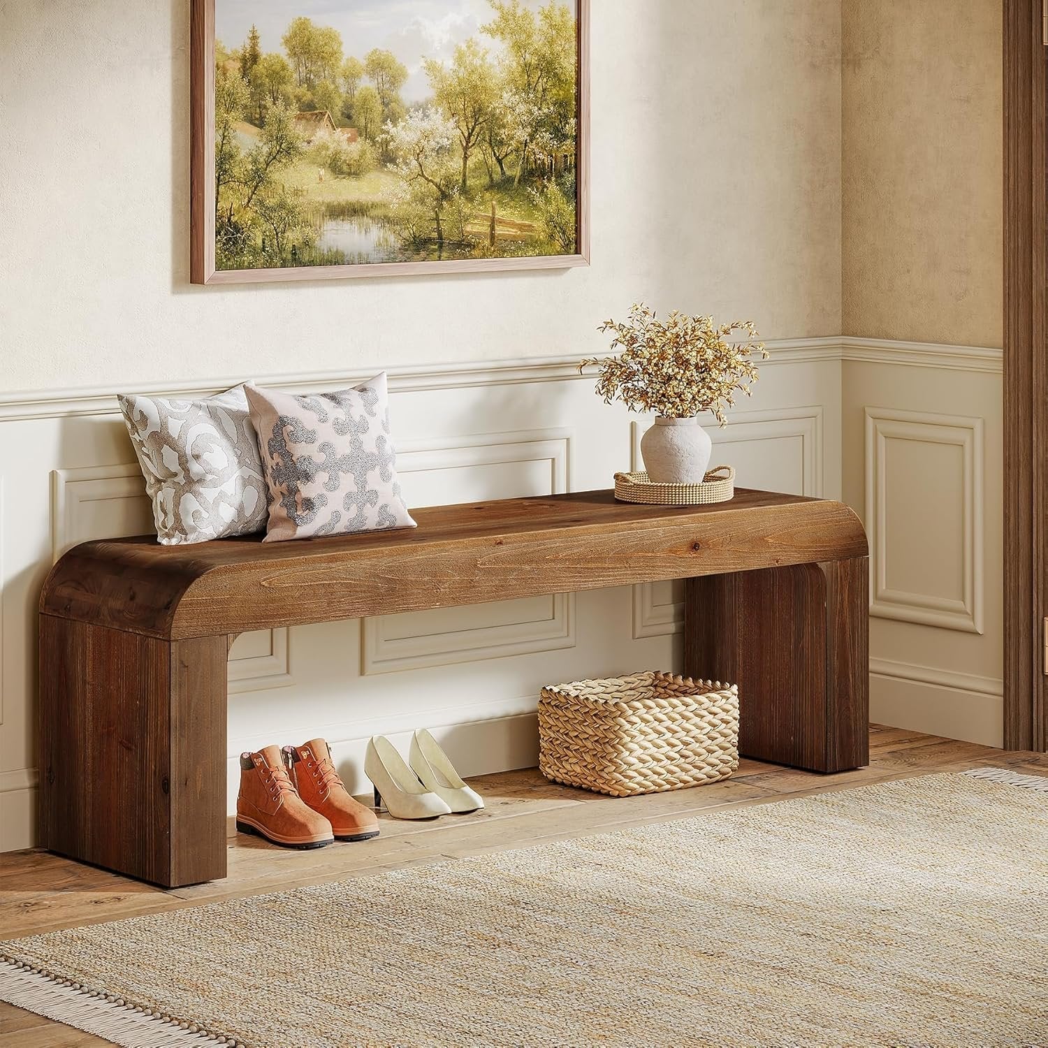 55" Modern Dining Bench, Solid Wood Entryway Bench with Thick Block Seat