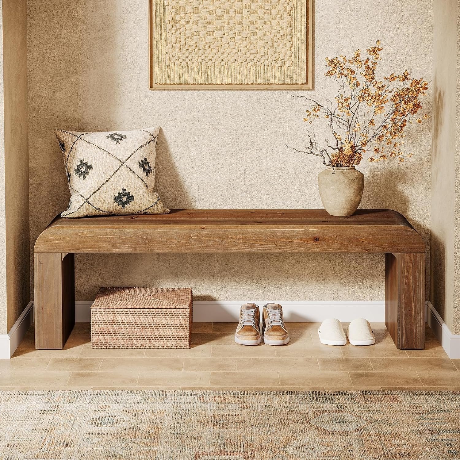 55" Modern Dining Bench, Solid Wood Entryway Bench with Thick Block Seat