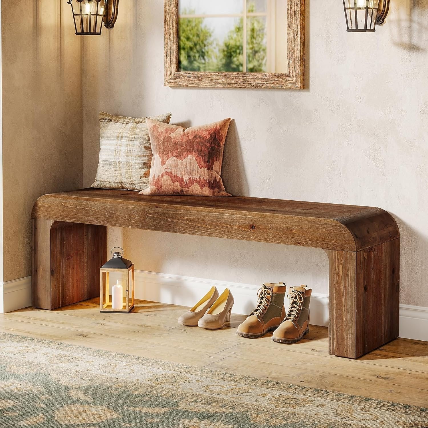 55" Modern Dining Bench, Solid Wood Entryway Bench with Thick Block Seat