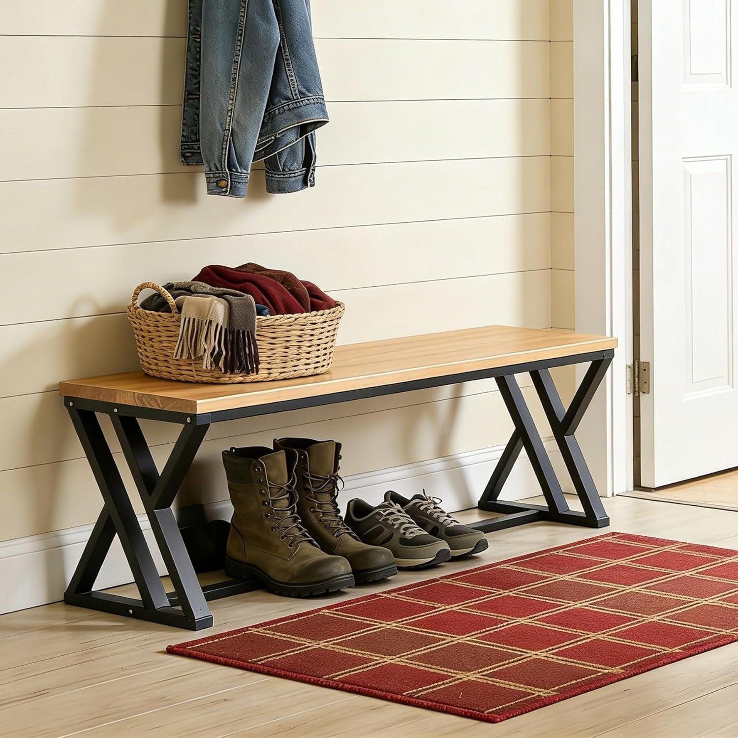 55" Long Entryway Bench, Solid Wood End of Bed Bench with Metal Legs