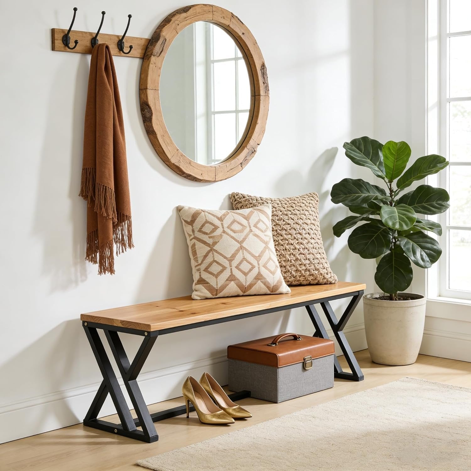 55" Long Entryway Bench, Solid Wood End of Bed Bench with Metal Legs