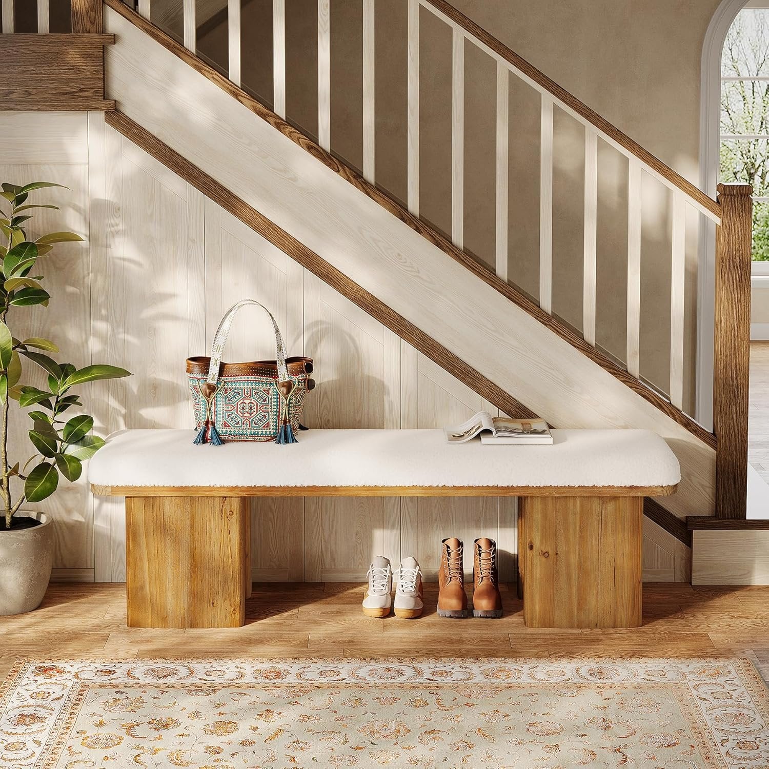 59" Solid Wood Entryway Bench, Modern Upholstered End of Bed Bench