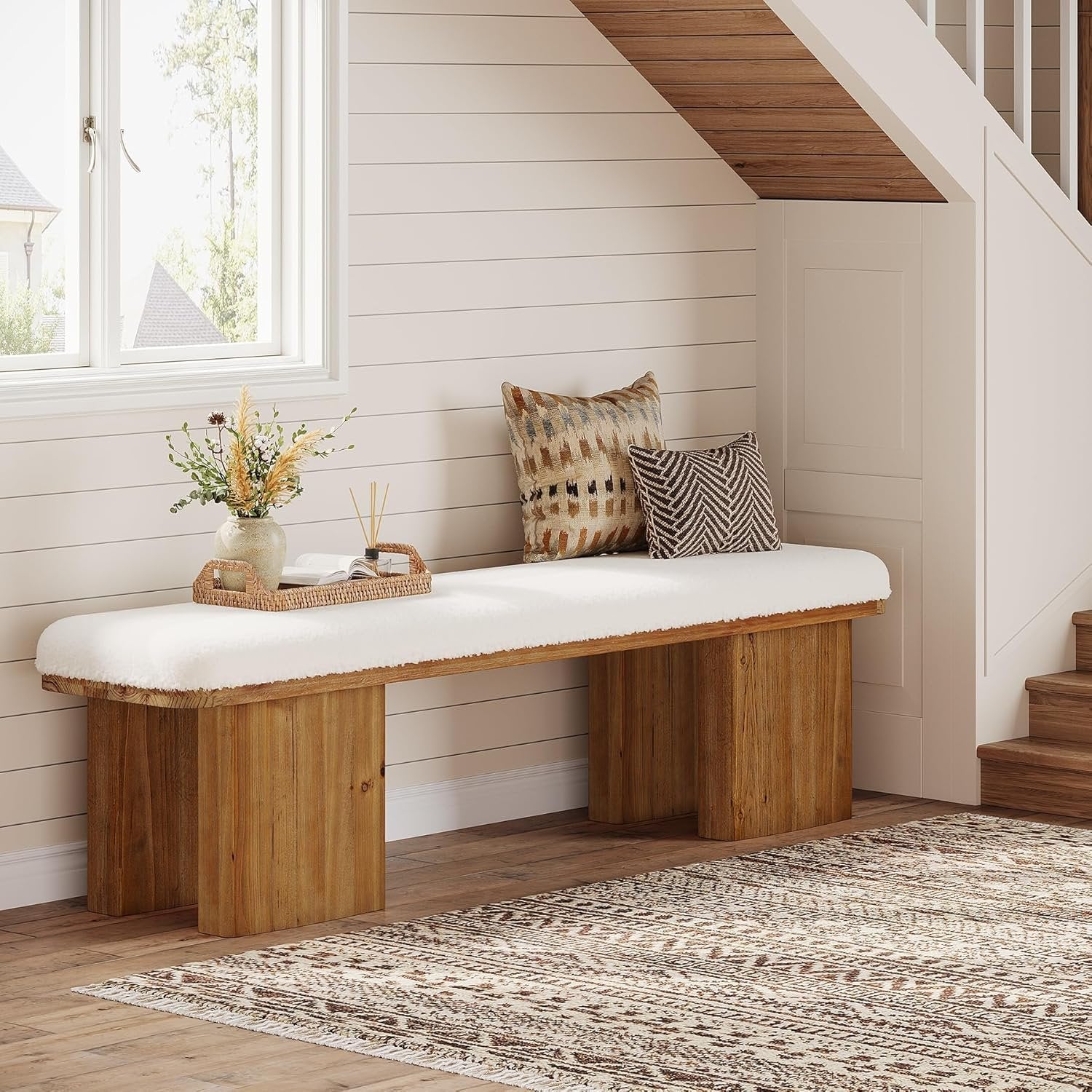 59" Solid Wood Entryway Bench, Modern Upholstered End of Bed Bench