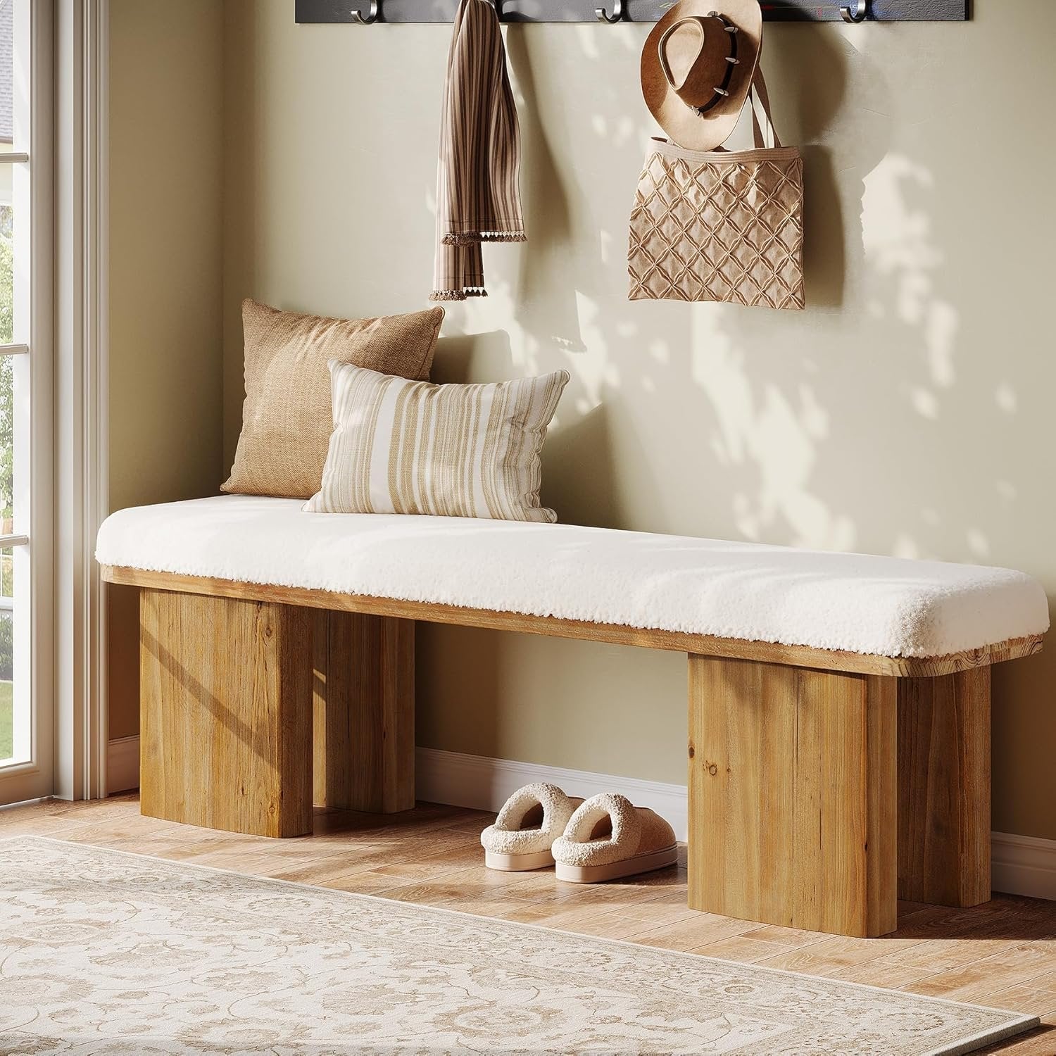 59" Solid Wood Entryway Bench, Modern Upholstered End of Bed Bench