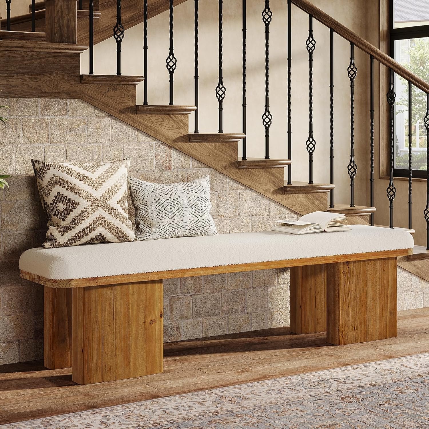 59" Solid Wood Entryway Bench, Modern Upholstered End of Bed Bench