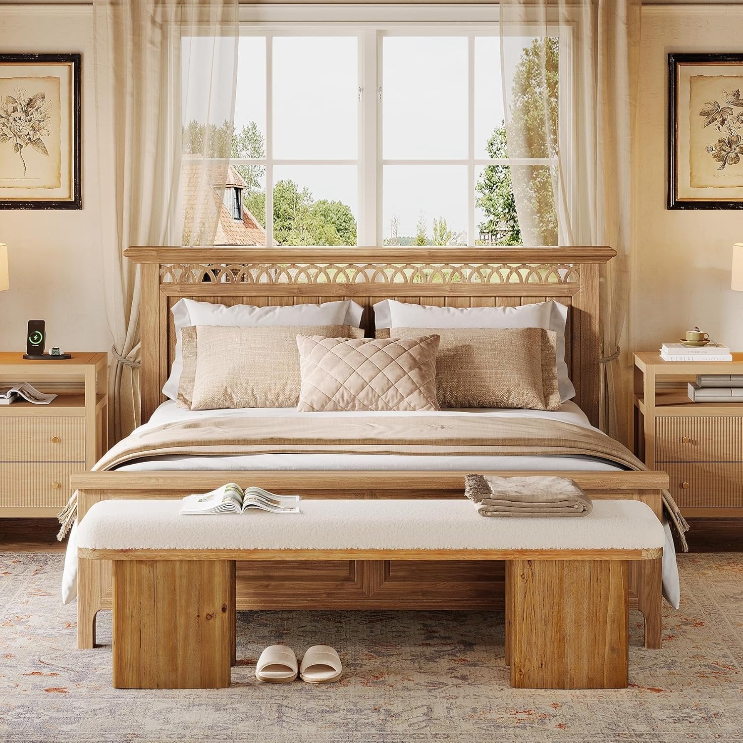 59" Solid Wood Entryway Bench, Modern Upholstered End of Bed Bench