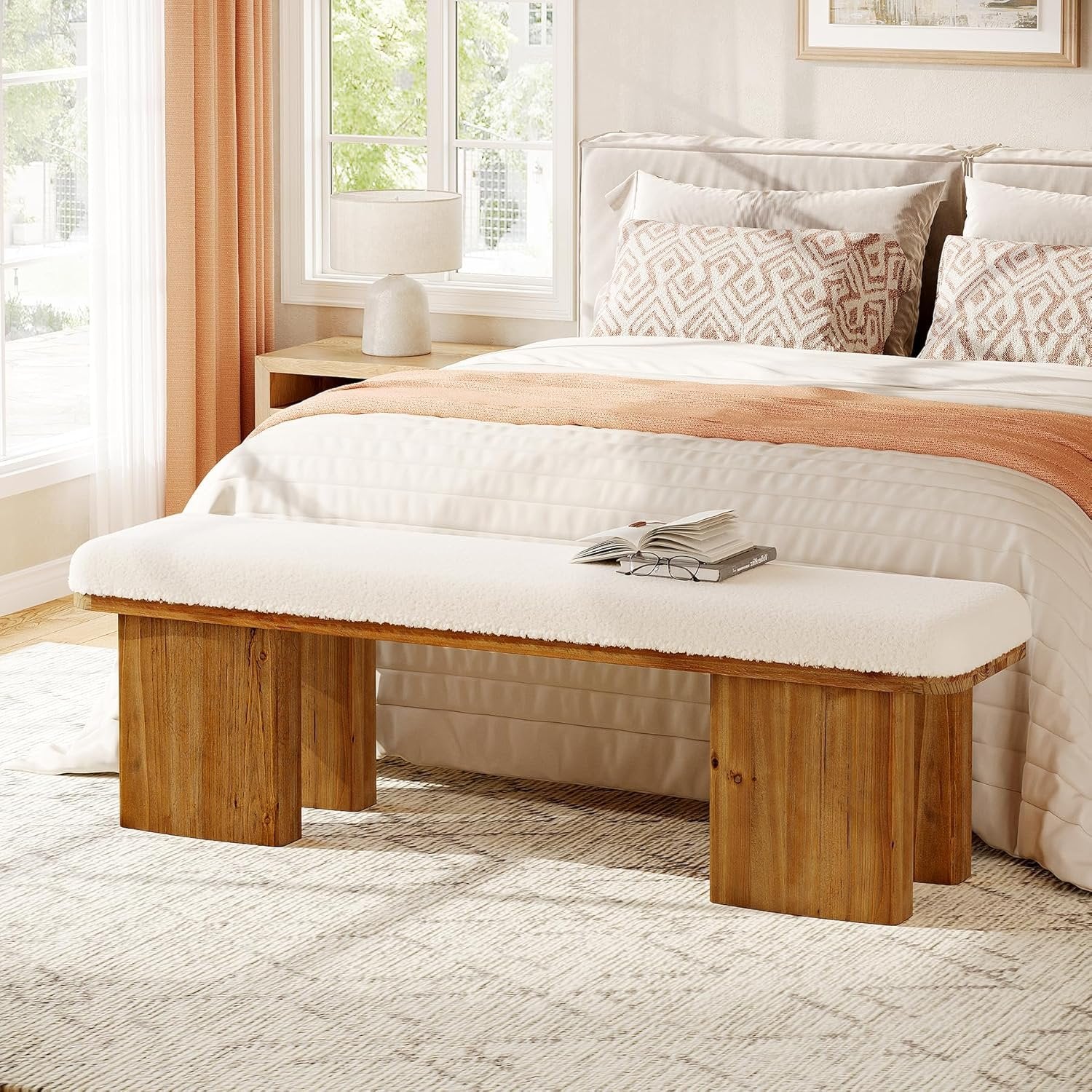 59" Solid Wood Entryway Bench, Modern Upholstered End of Bed Bench