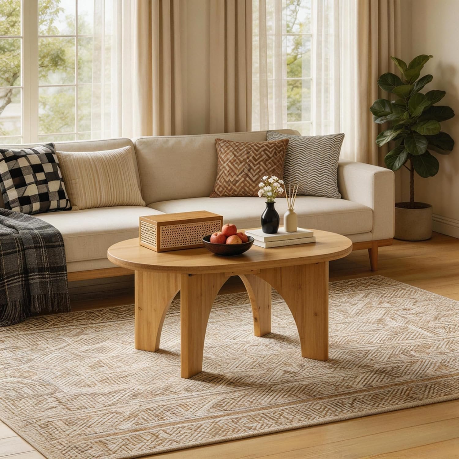 31.5" Round Coffee Table, Farmhouse Solid Wood Center Table with Curved Legs