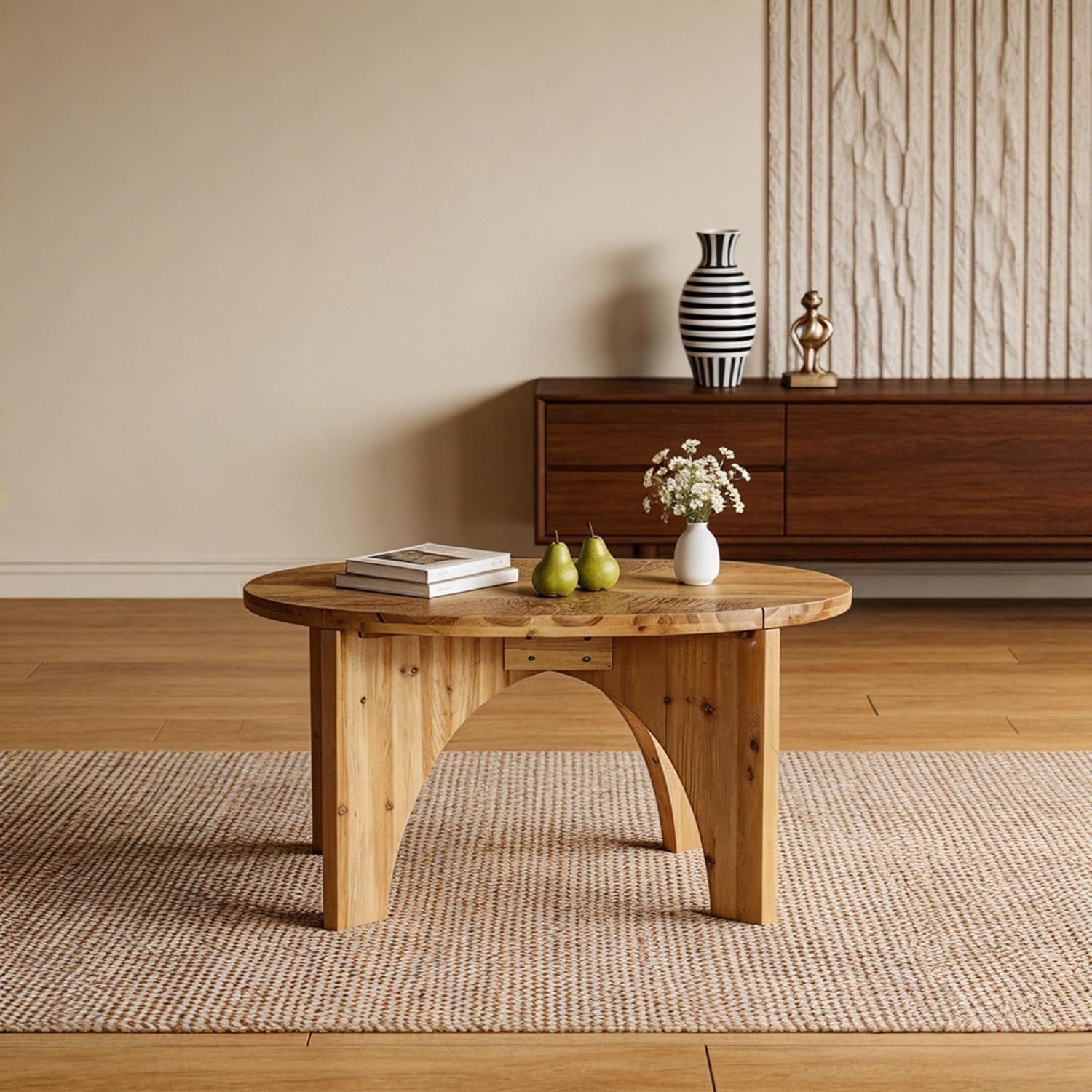 31.5" Round Coffee Table, Farmhouse Solid Wood Center Table with Curved Legs