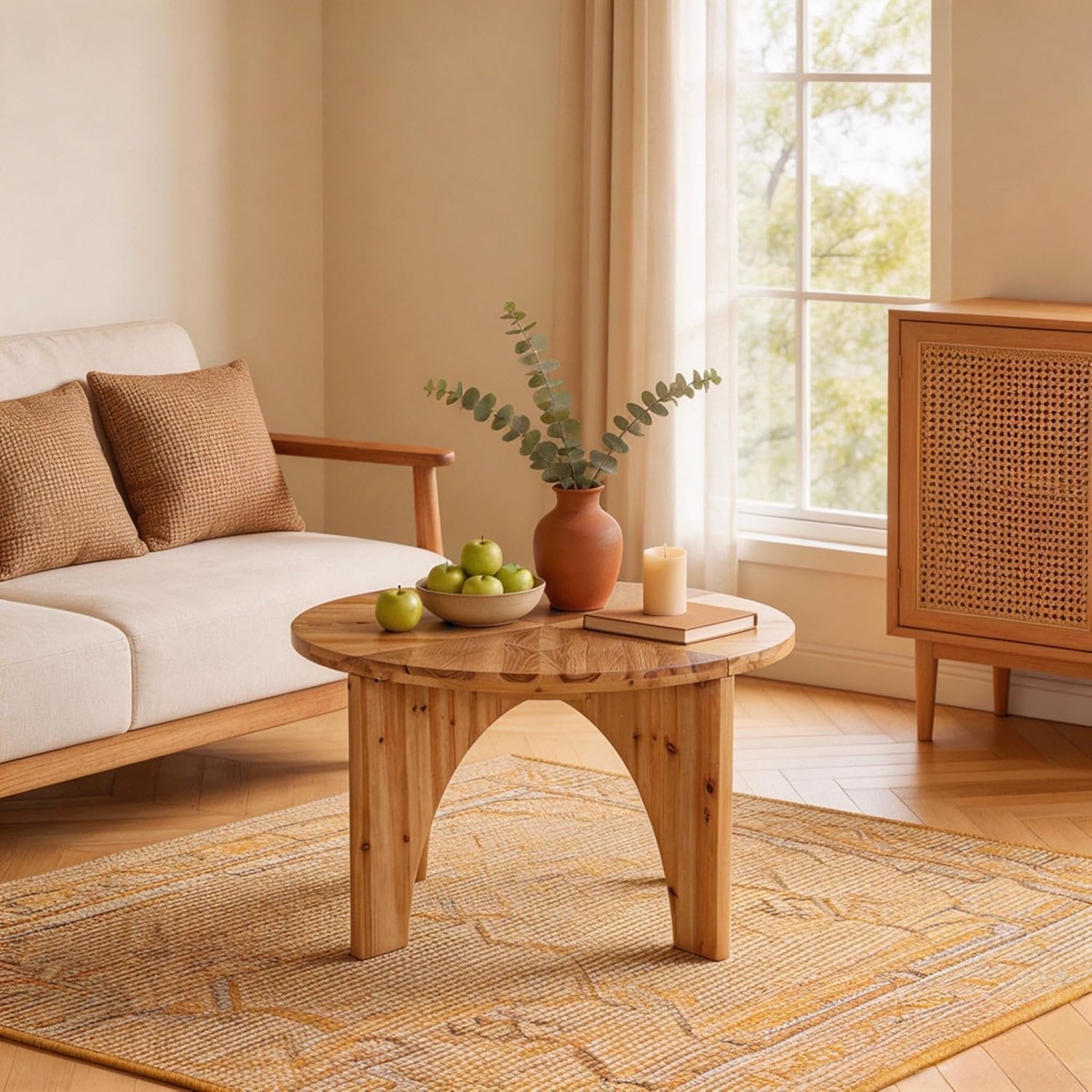 31.5" Round Coffee Table, Farmhouse Solid Wood Center Table with Curved Legs