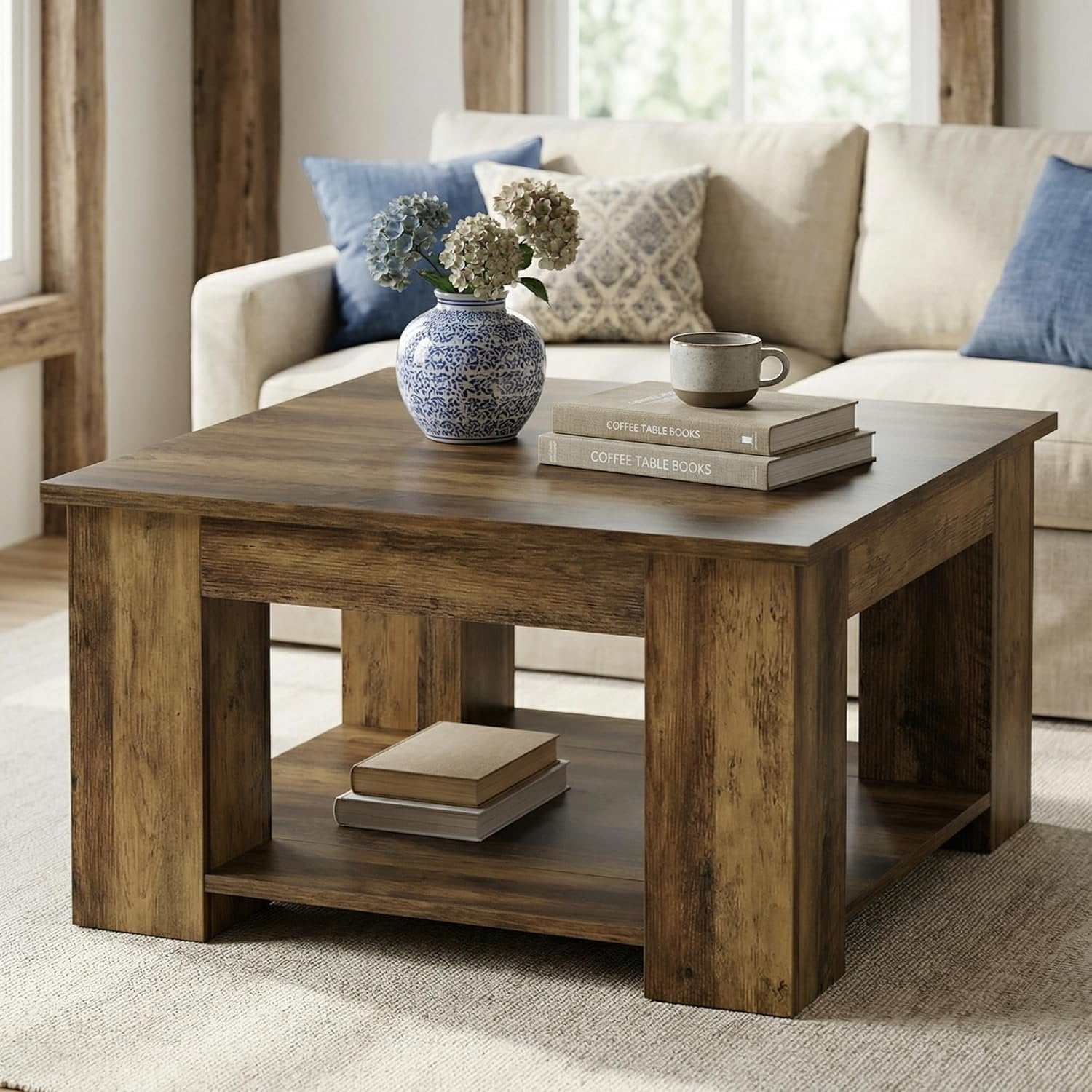 31.5" Square Coffee Table, 2-Tier Center Table Cocktail Tea Furniture for Living Room