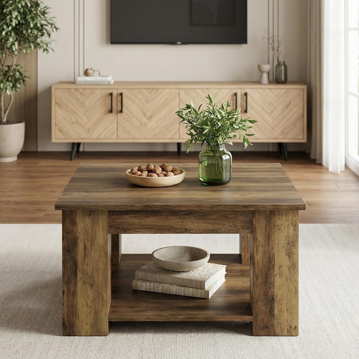 31.5" Square Coffee Table, 2-Tier Center Table Cocktail Tea Furniture for Living Room