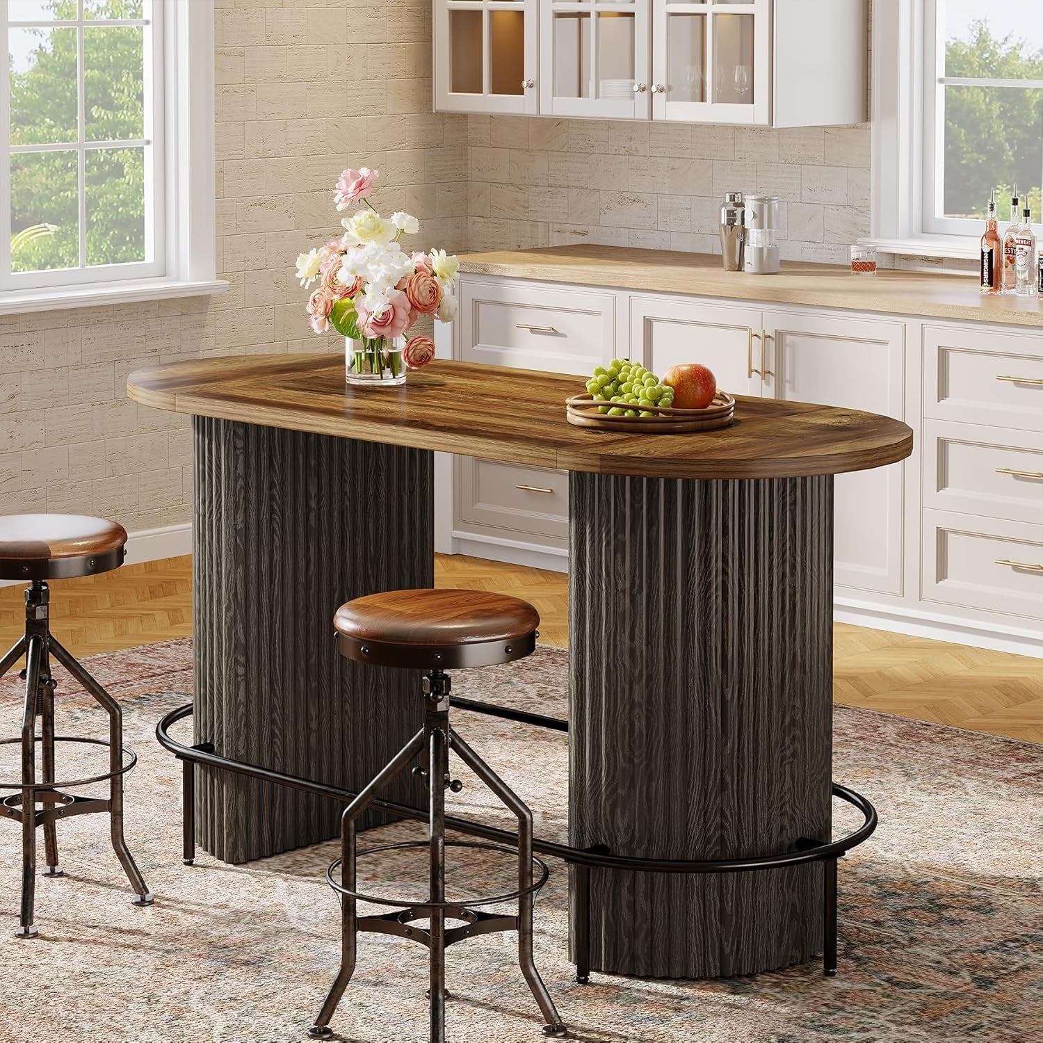 Modern Bar Table, Oval Counter Height Pub Dining Table with Metal Footrest