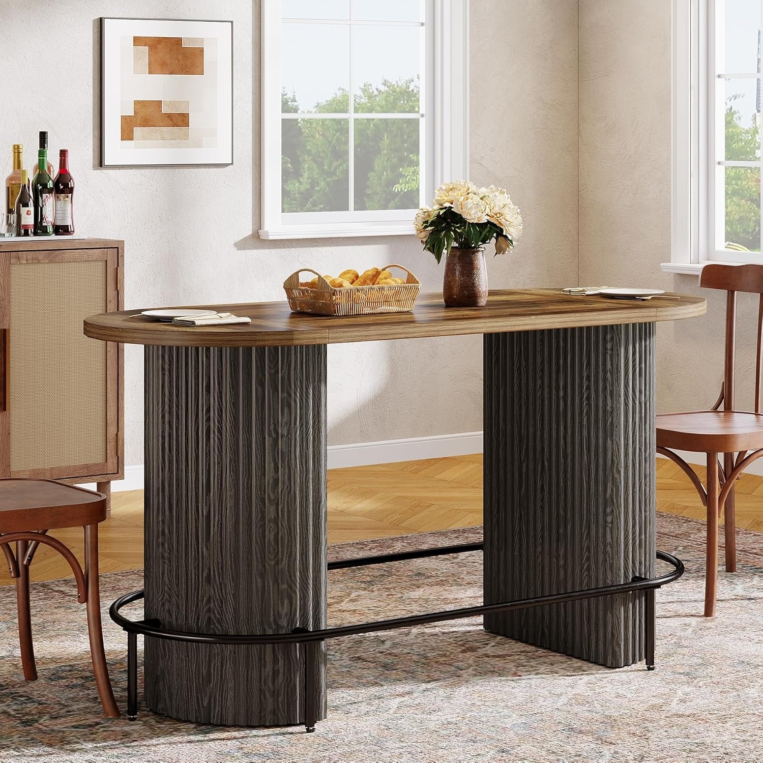 Modern Bar Table, Oval Counter Height Pub Dining Table with Metal Footrest