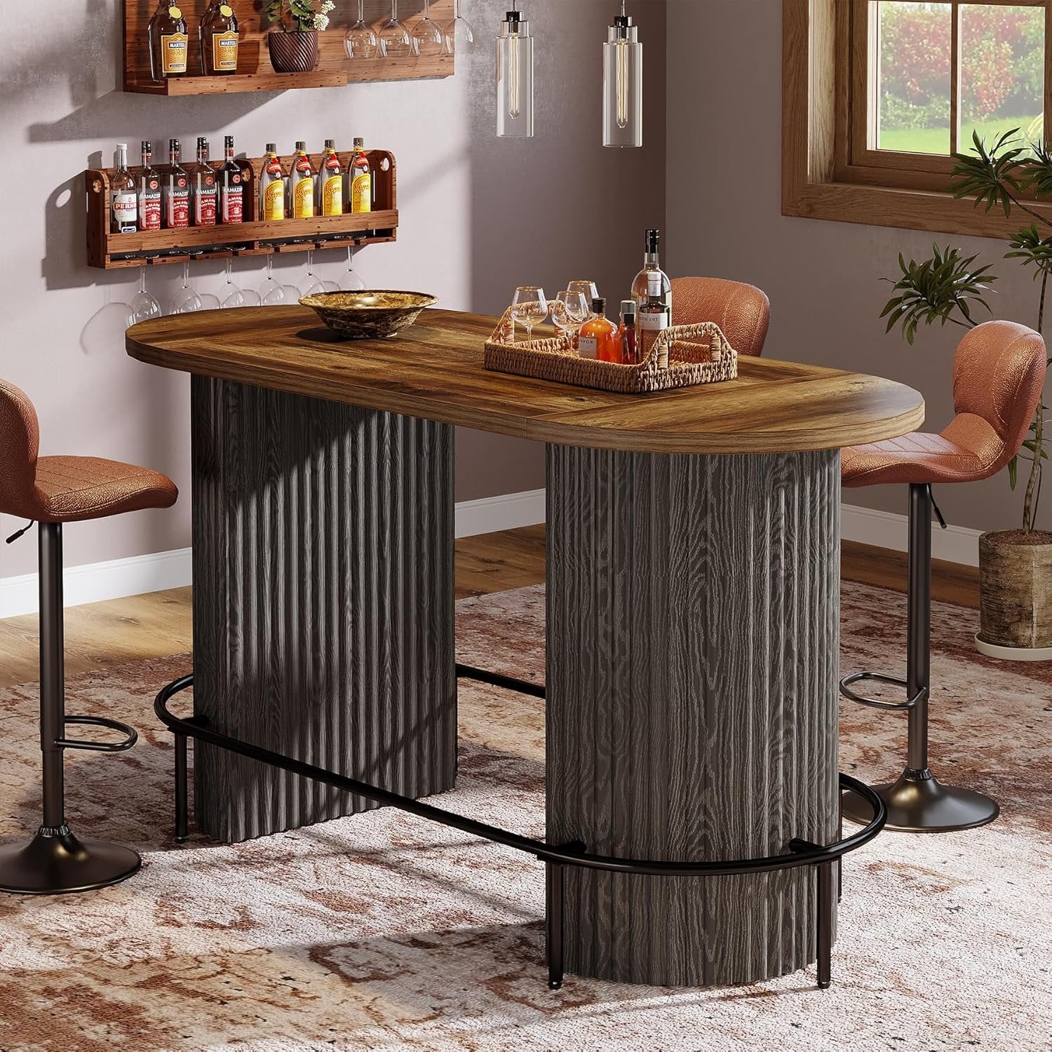 Modern Bar Table, Oval Counter Height Pub Dining Table with Metal Footrest