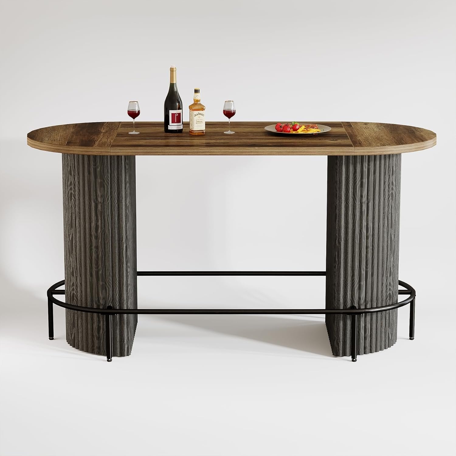 Modern Bar Table, Oval Counter Height Pub Dining Table with Metal Footrest