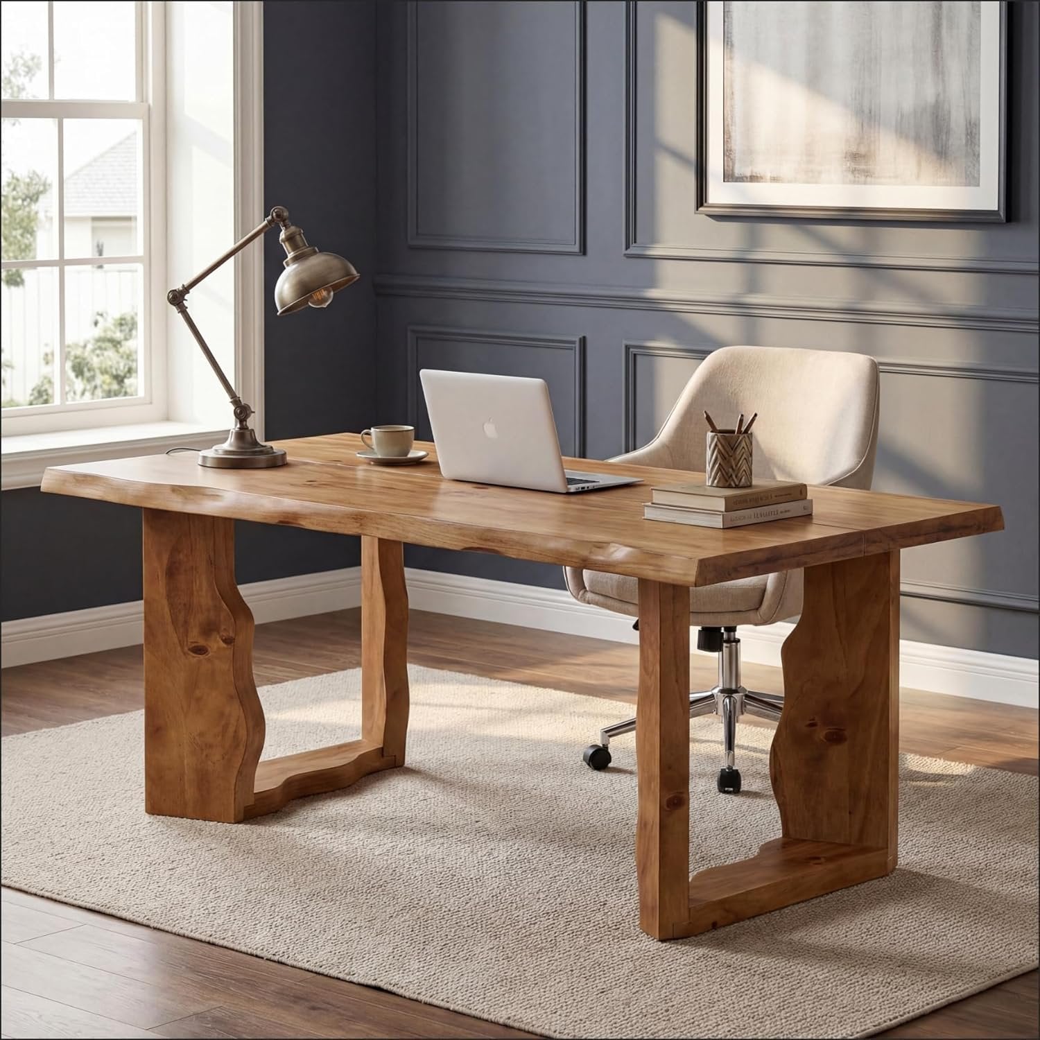 63" Solid Wood Live Edge Executive Desk, Rustic Farmhouse Computer Desk for Home Office or Studio Workspace