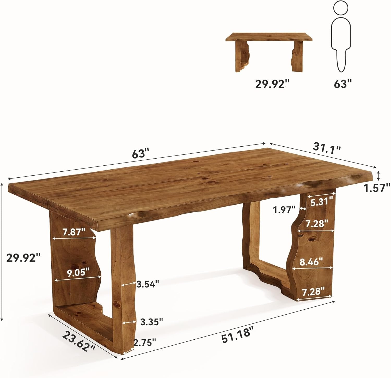 63" Solid Wood Live Edge Executive Desk, Rustic Farmhouse Computer Desk for Home Office or Studio Workspace