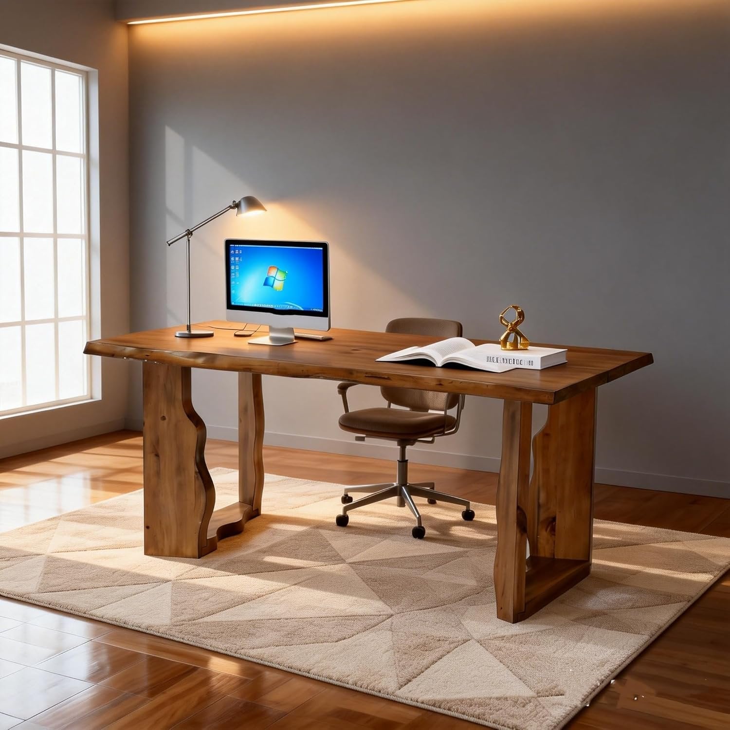 63" Solid Wood Live Edge Executive Desk, Rustic Farmhouse Computer Desk for Home Office or Studio Workspace