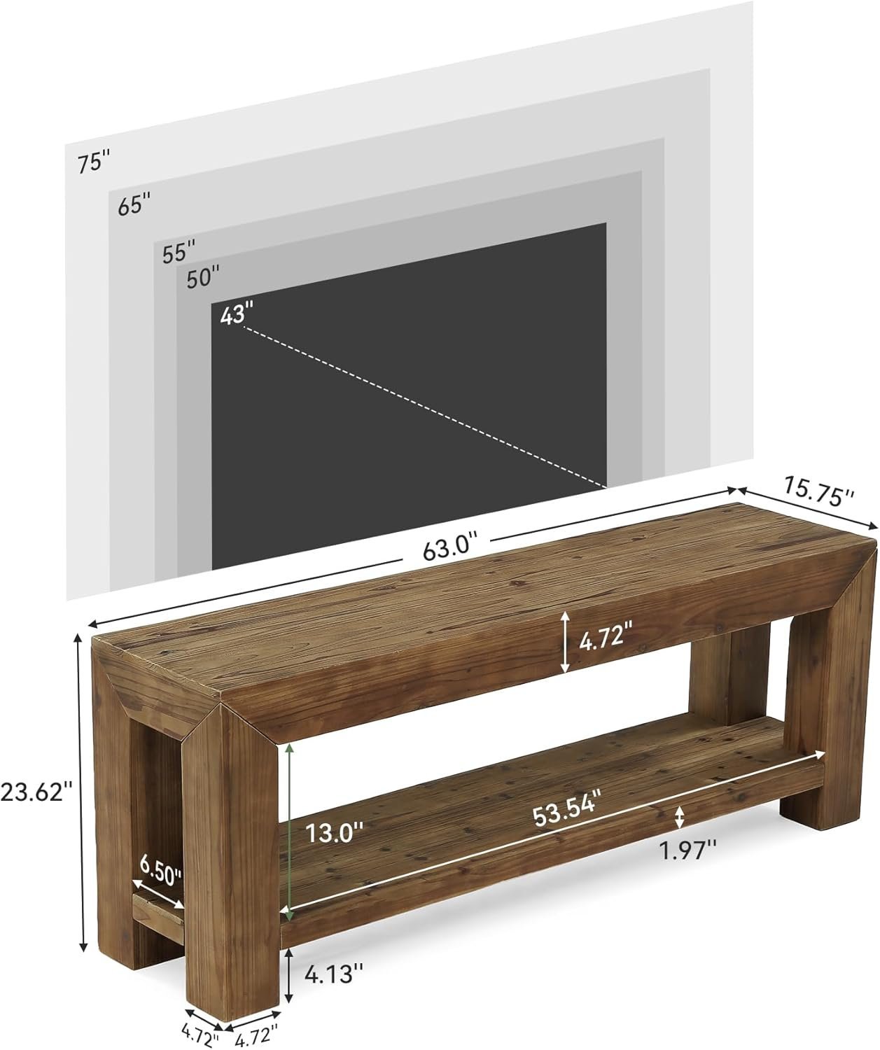 63" TV Stand, TV Console Entertainment Center with 2-Tier Shelves for TVs up to 75"