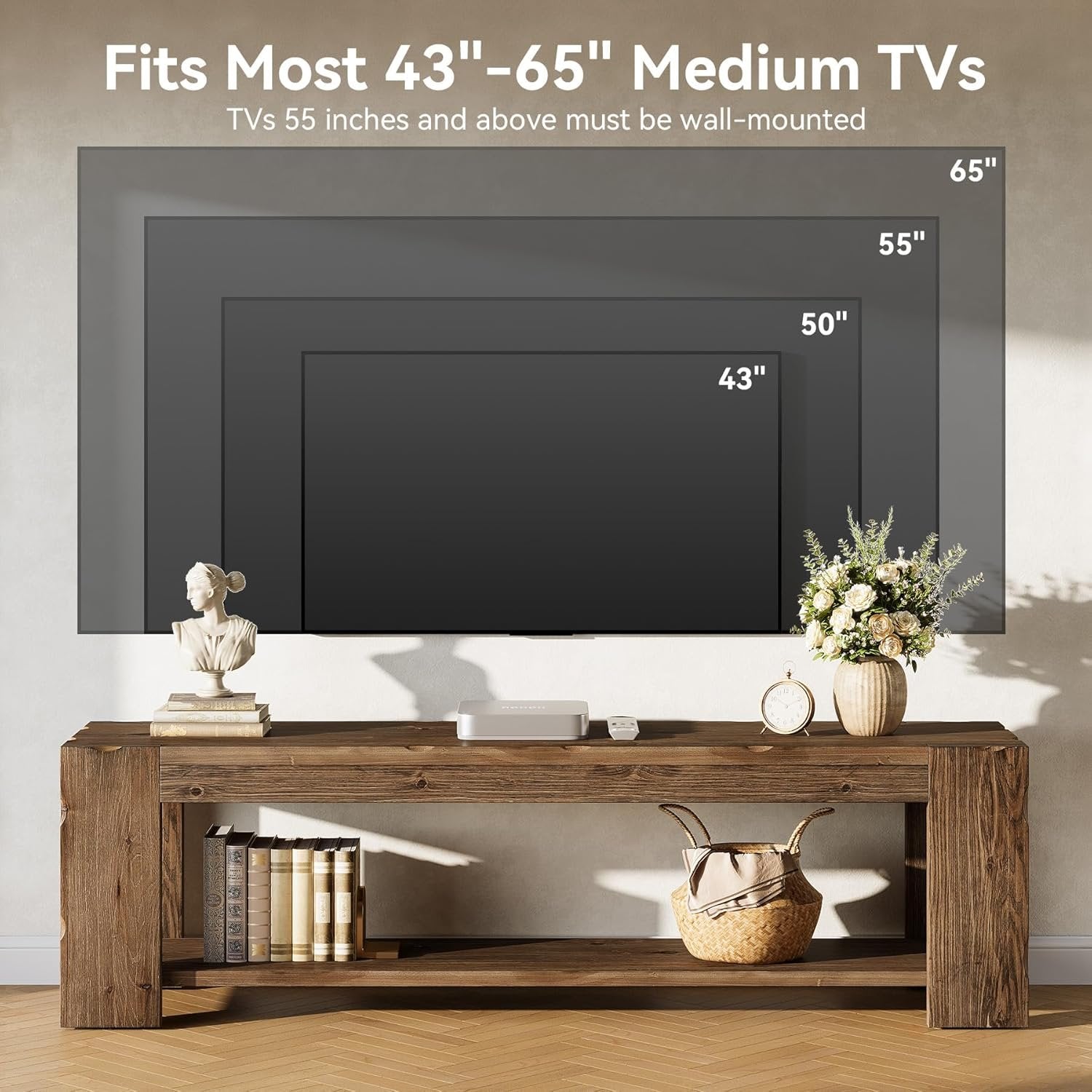 55" Solid Wood TV Stand, 2-Tier TV Console Media Stand for TVs up to 60"