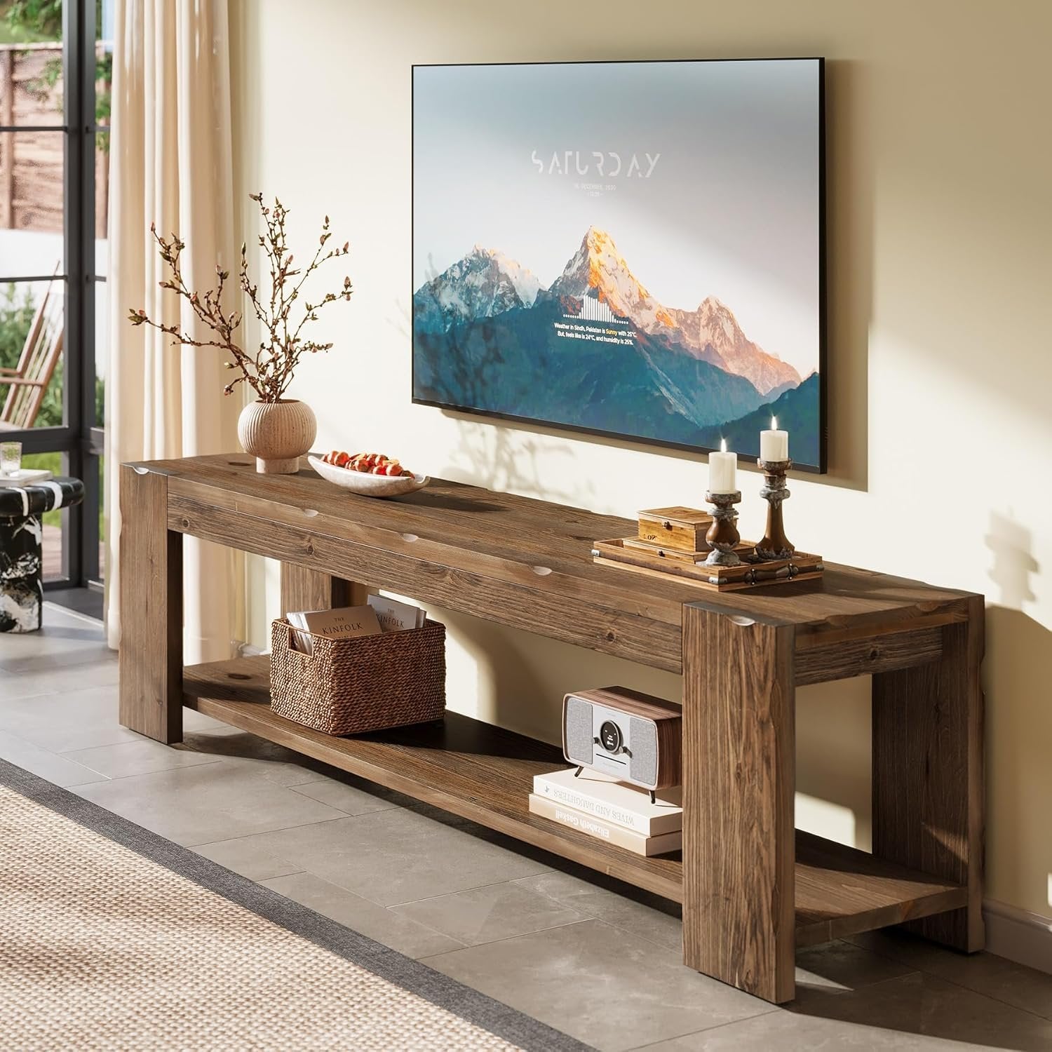 55" Solid Wood TV Stand, 2-Tier TV Console Media Stand for TVs up to 60"