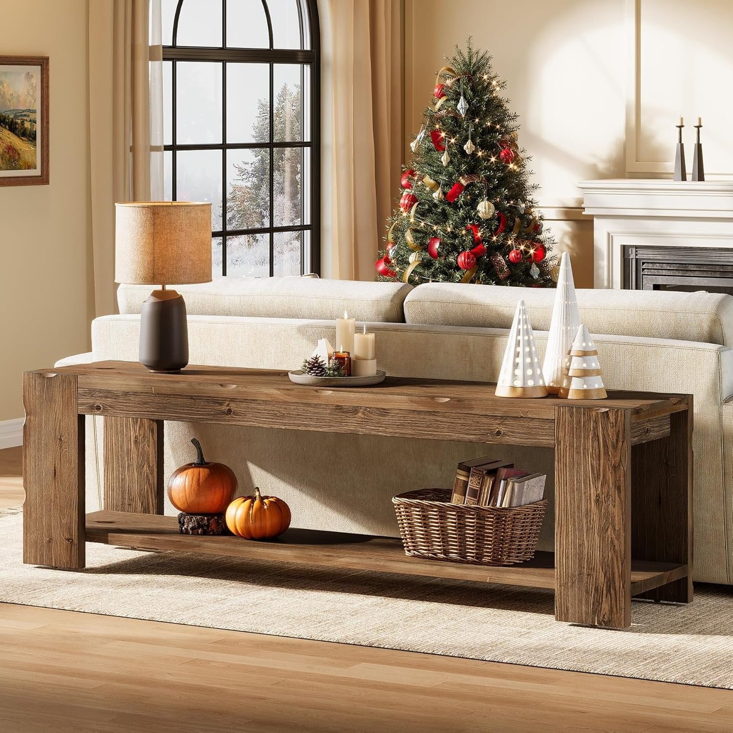 55" Solid Wood TV Stand, 2-Tier TV Console Media Stand for TVs up to 60"